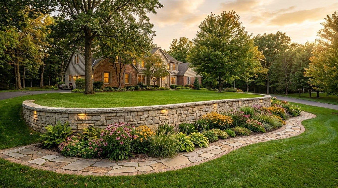 Natural stone retaining wall with terraced plantings on a residential hillside in a landscaped yard