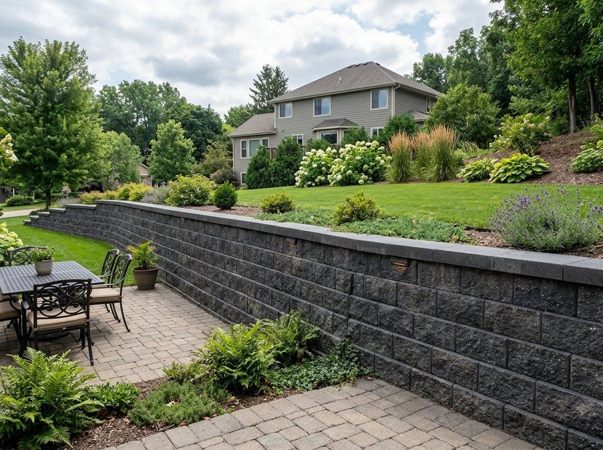 Tall segmental block retaining wall with geogrid reinforcement holding back a steep residential hillside with a level yard above