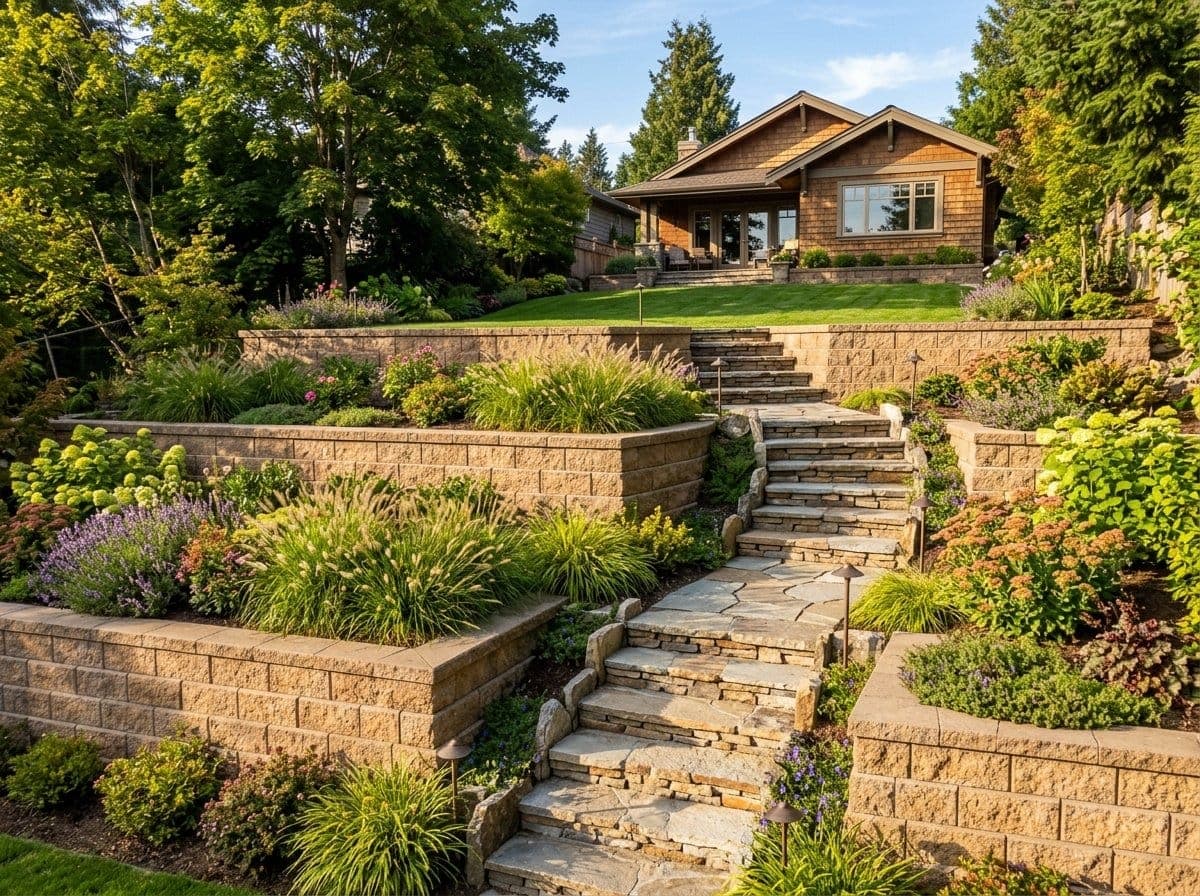 Multi-level terraced retaining wall system with three tiers of segmental block walls separated by landscaped planting beds and stone steps