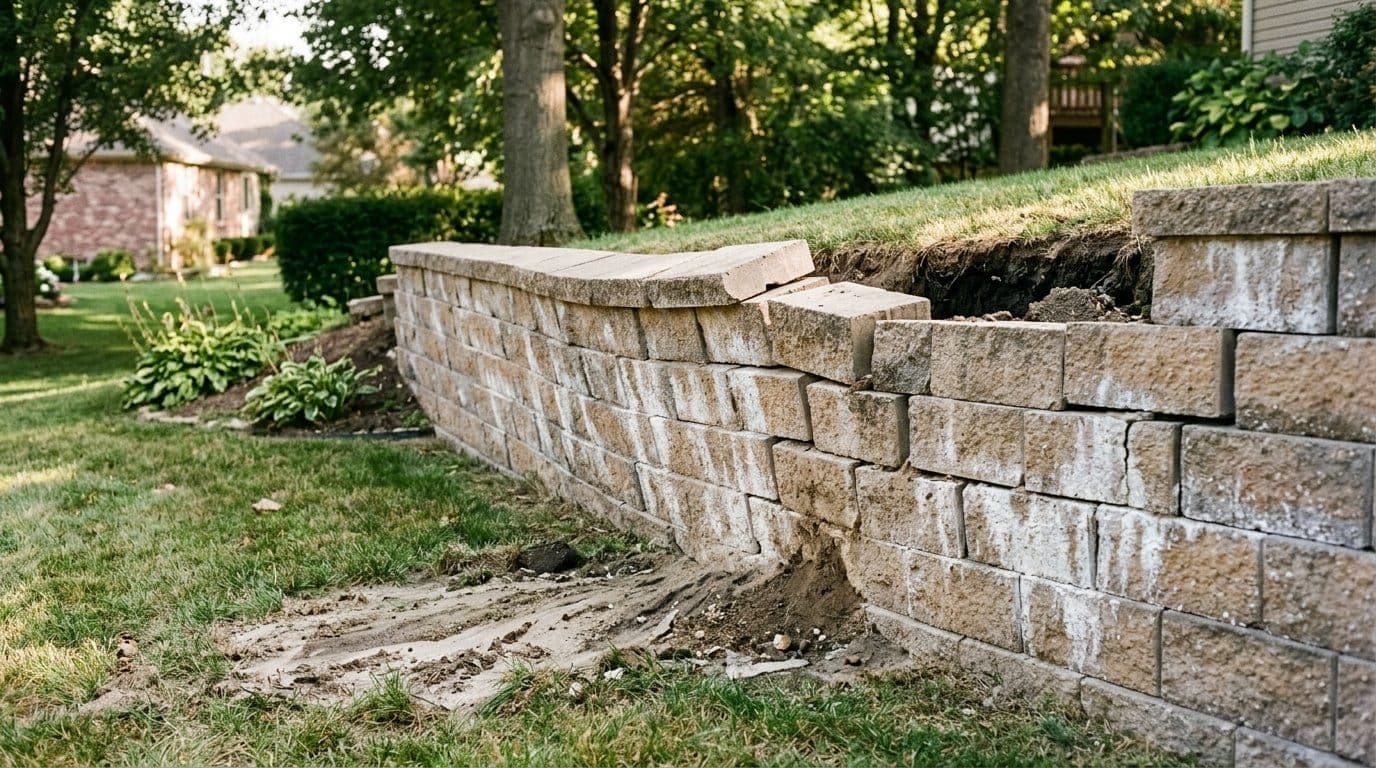 Segmental block retaining wall leaning forward with blocks shifted out of alignment and soil eroding behind it in a residential yard
