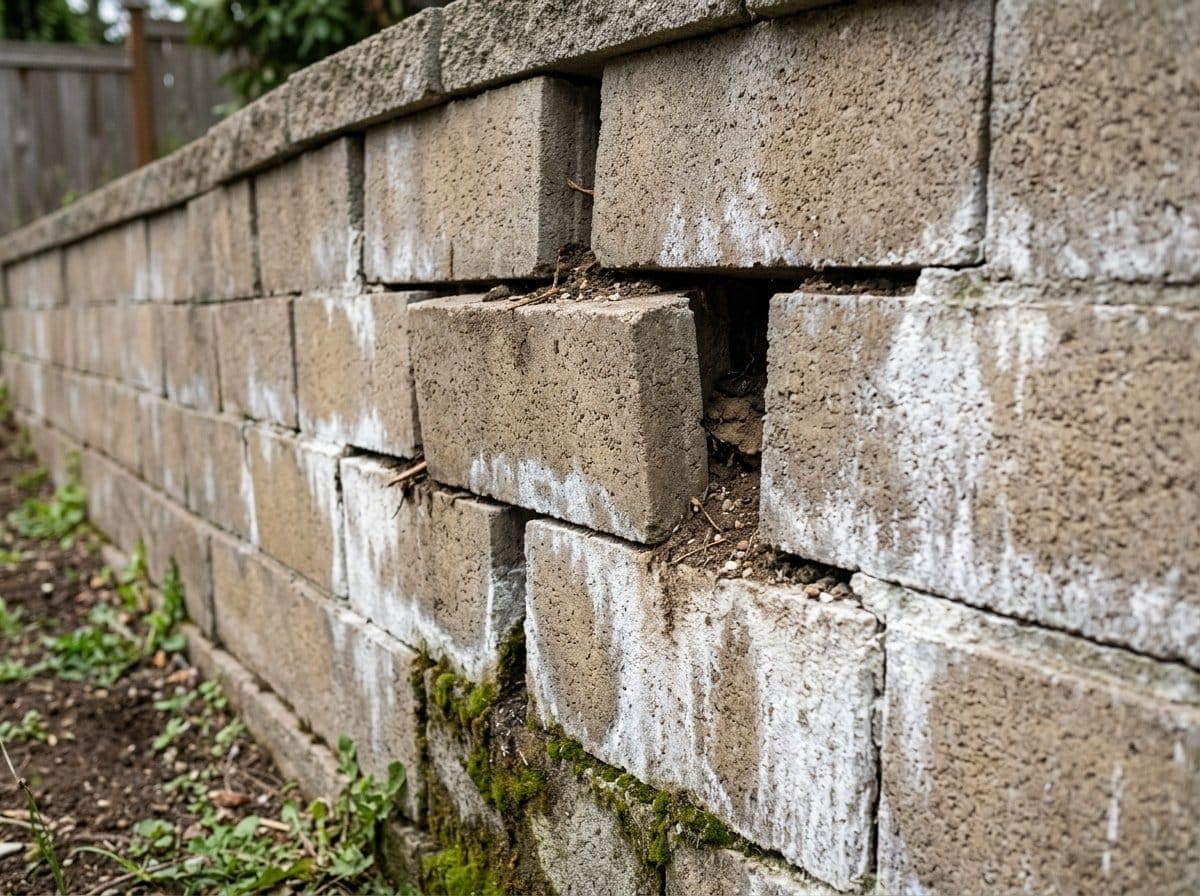 Close view of a failing segmental block retaining wall showing a forward lean, open joints between blocks, and white efflorescence staining on the block faces