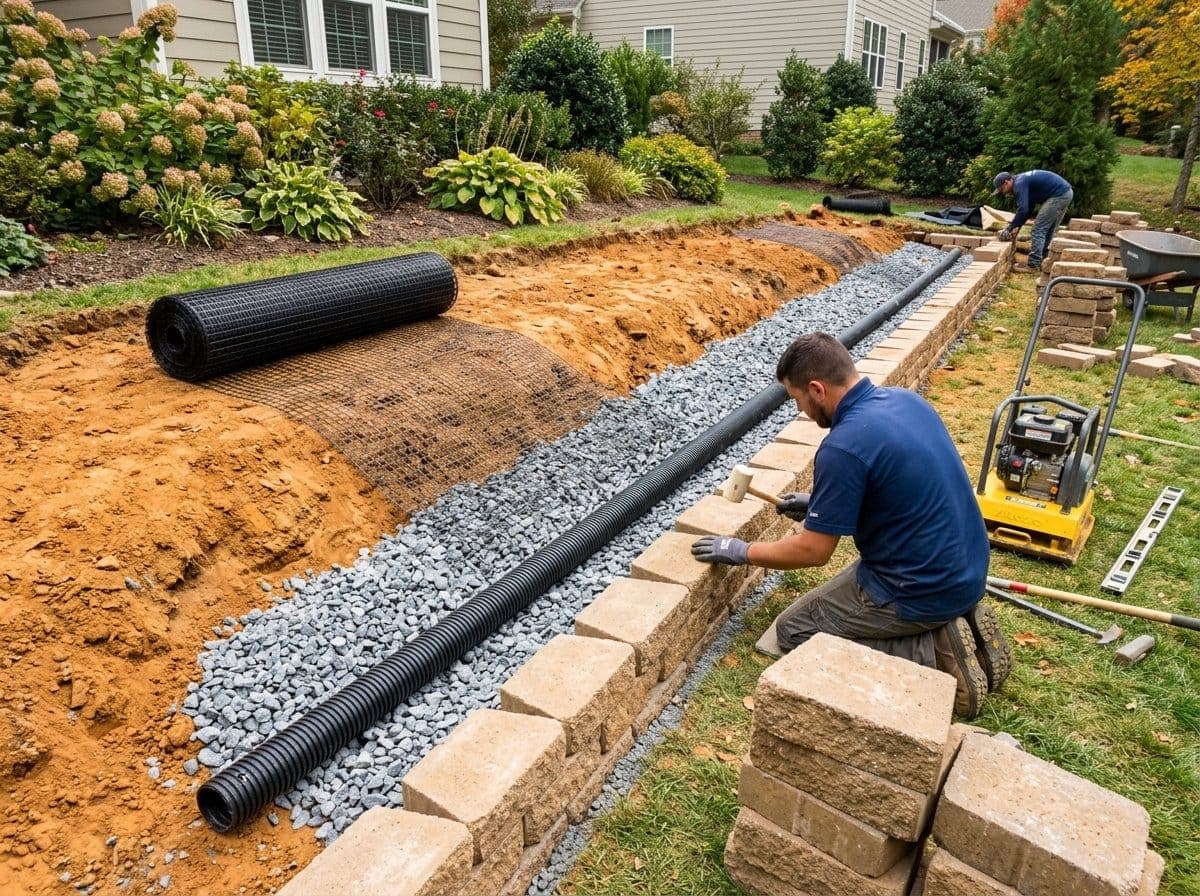 Landscape crew rebuilding a retaining wall section with drainage stone, a perforated drain pipe, and geogrid mesh going in behind the block