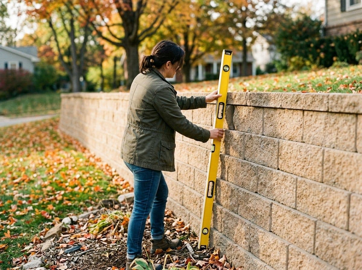 Homeowner holding a four-foot level vertically against a block retaining wall to check the face for forward lean