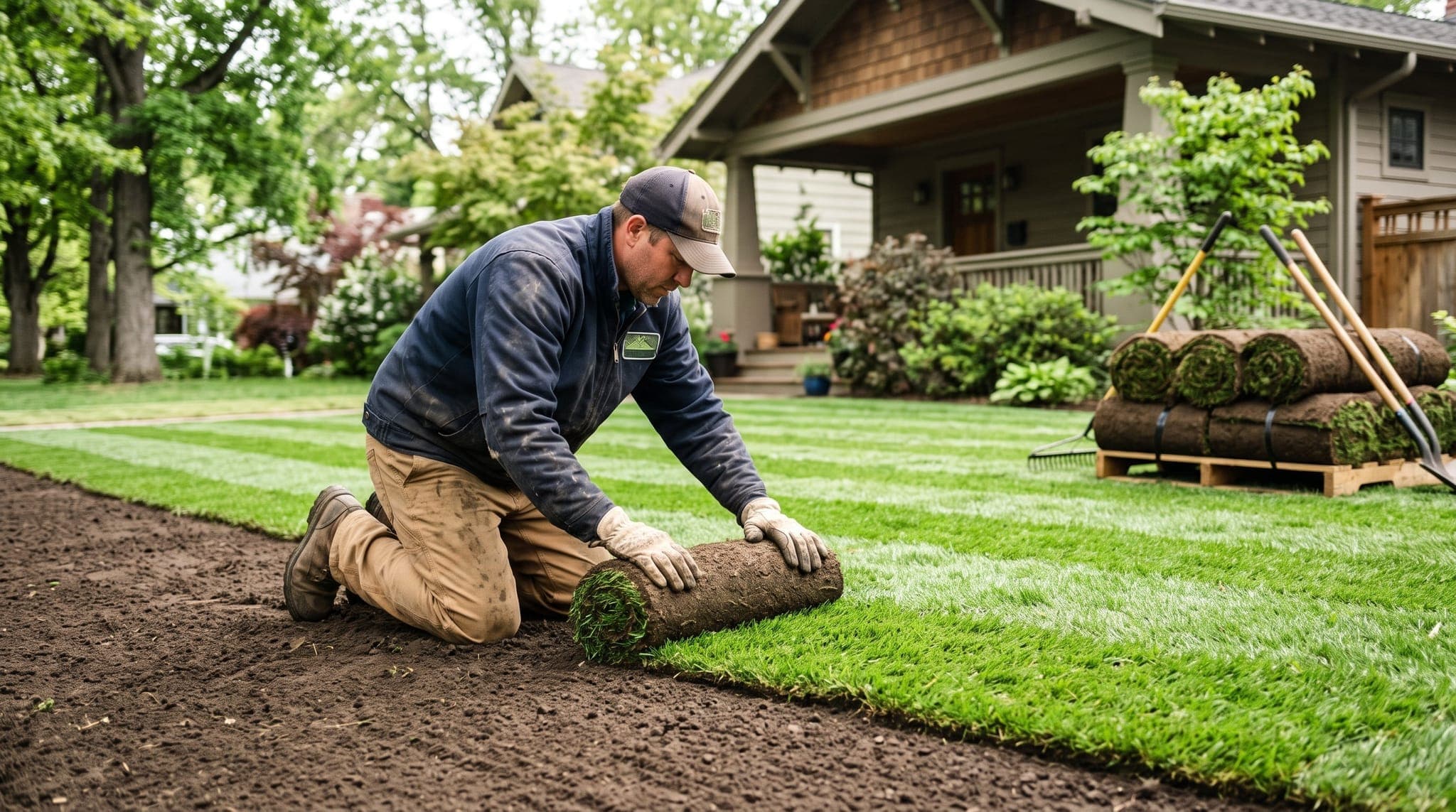 Landscaper unrolling a strip of fresh green sod across prepared brown soil in a residential yard