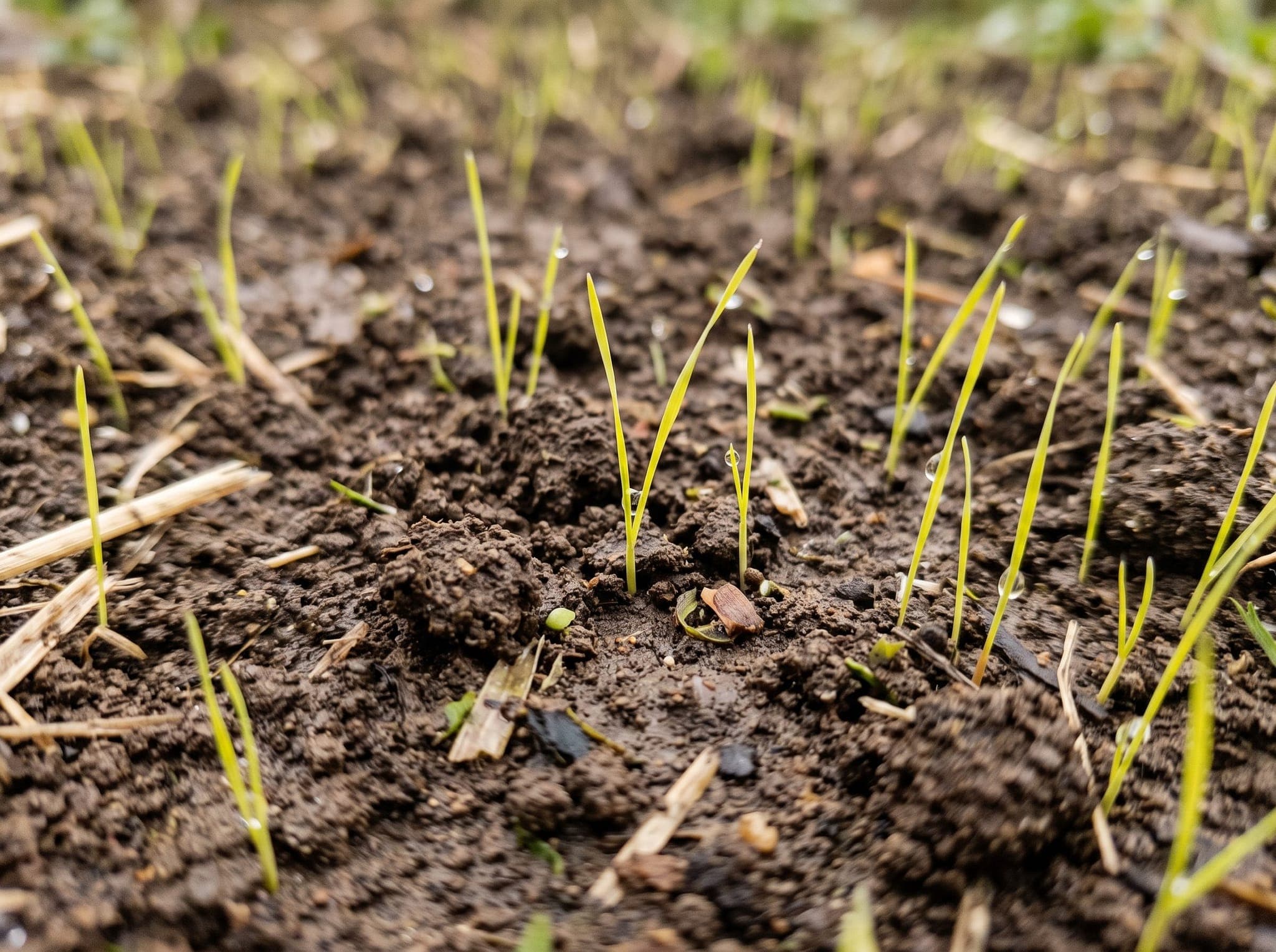 New grass seedlings emerging as thin single blades from damp bare soil scattered with straw mulch
