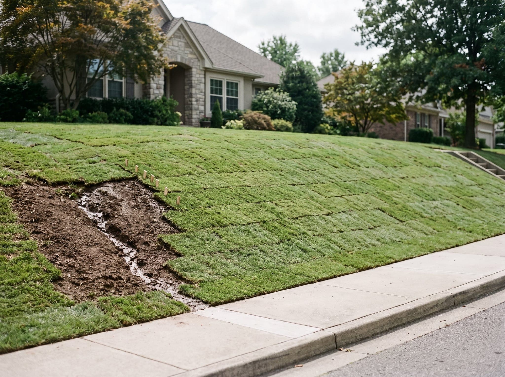 Freshly sodded front slope pinned with sod staples beside a bare patch showing an erosion channel cut by runoff