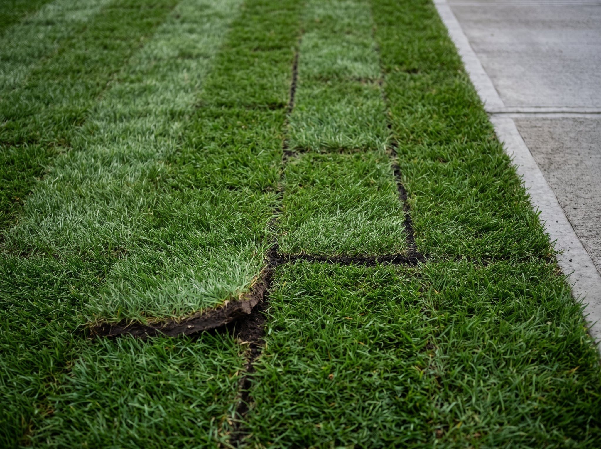 Close view of fresh sod strips laid with tight staggered seams against a straight driveway edge