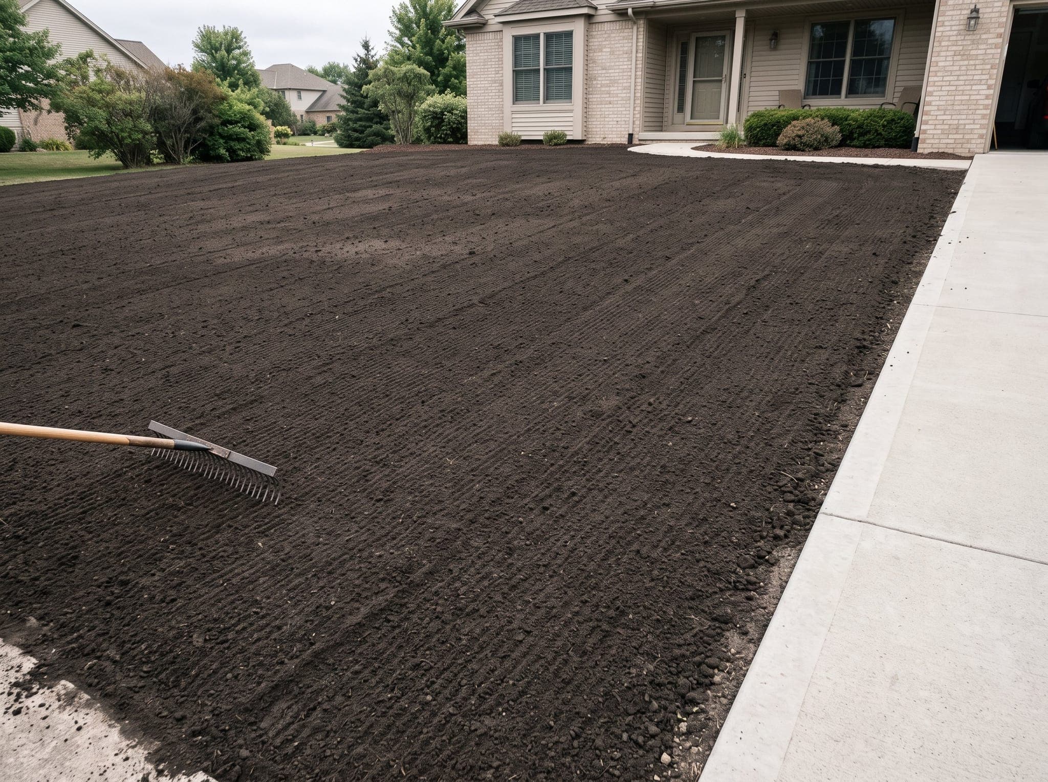 Freshly tilled and raked topsoil graded smooth across a residential yard ready for sod installation