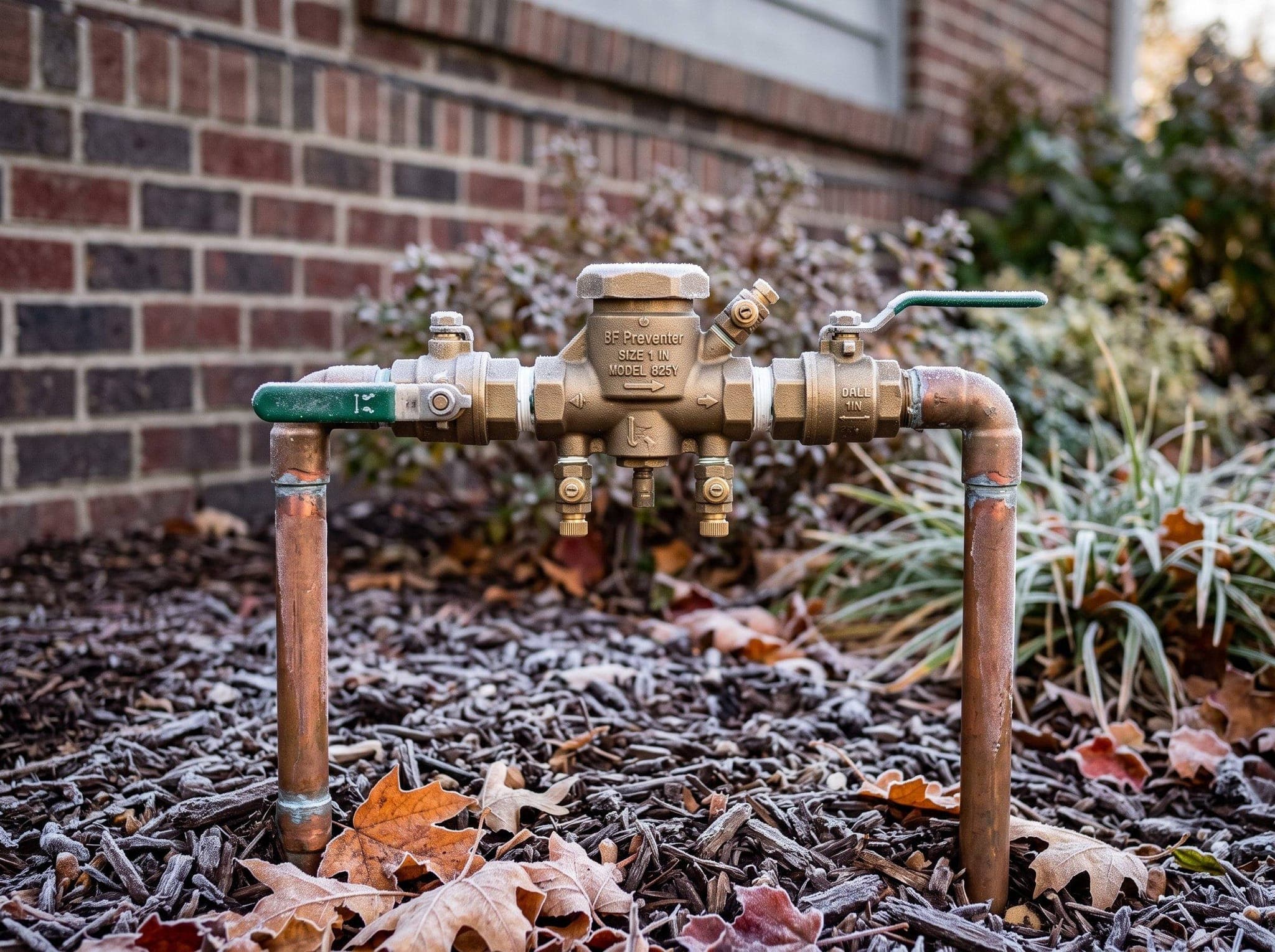 Frost on a brass irrigation backflow preventer with isolation valves and test cocks, on copper piping in a mulched bed