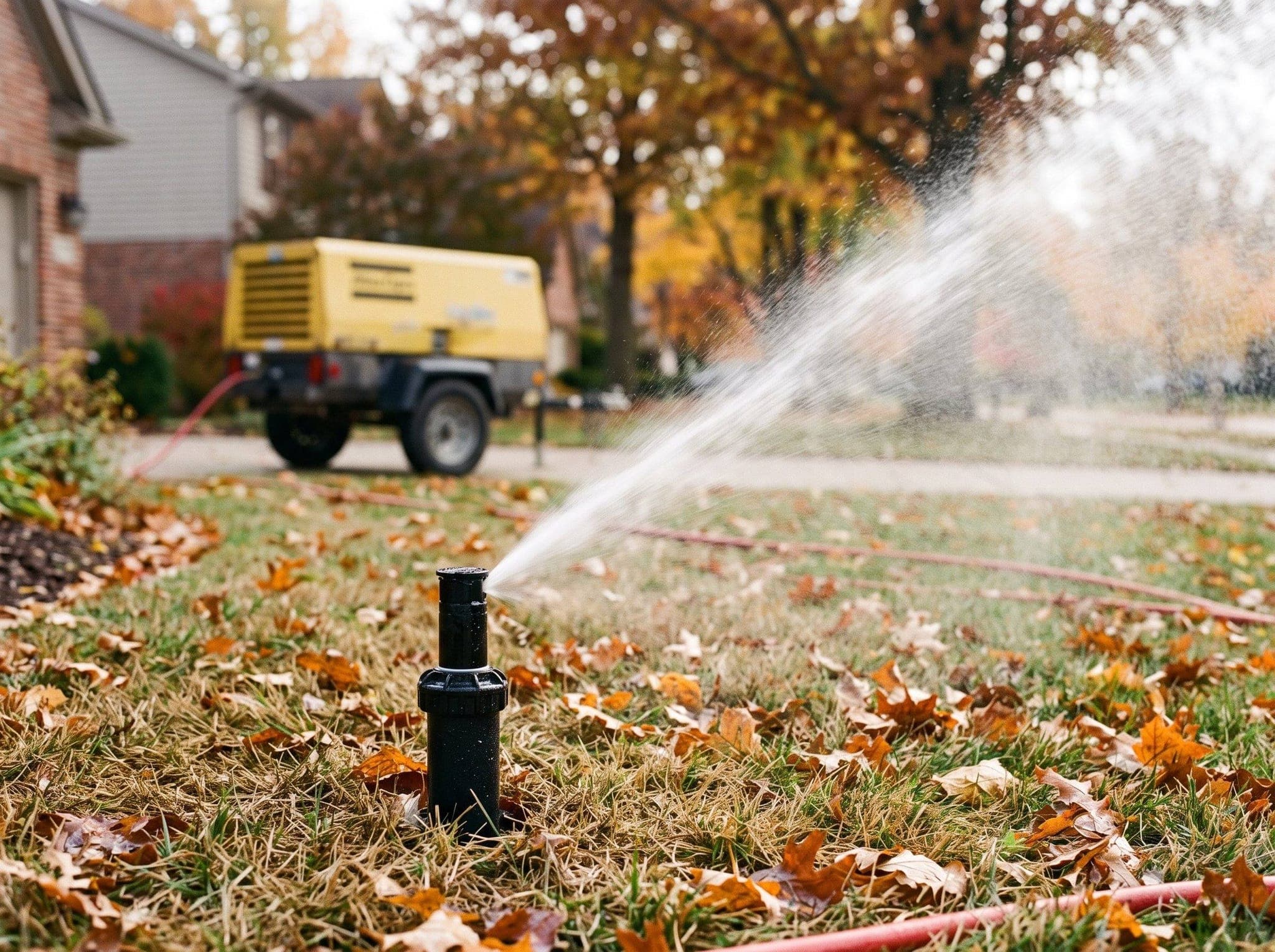 Sprinkler head blowing a plume of water and air across a leaf covered fall lawn, with a tow behind compressor in the driveway
