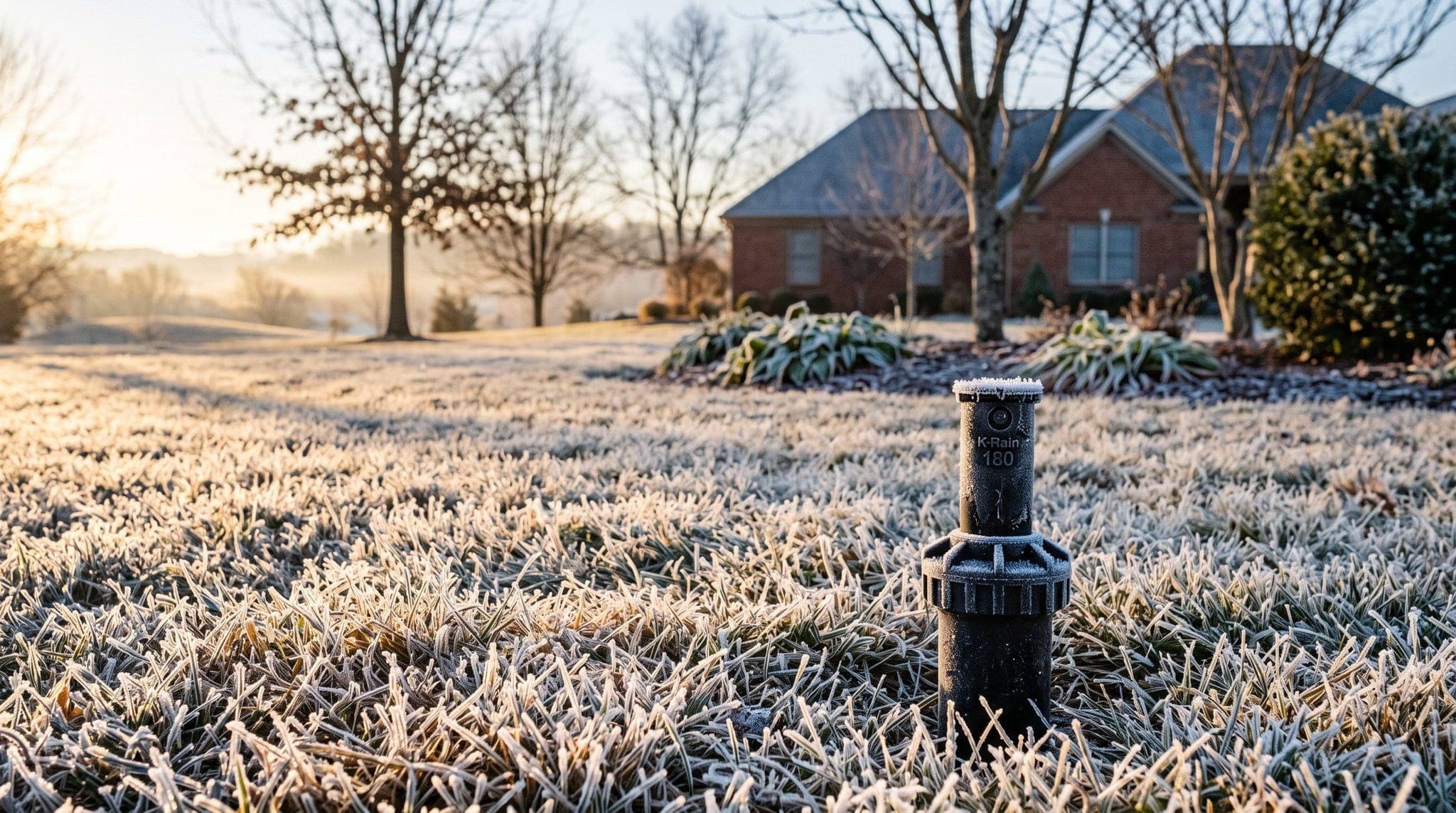 Frost covering a pop-up sprinkler head and the surrounding grass on a cold late fall morning in Southern Indiana