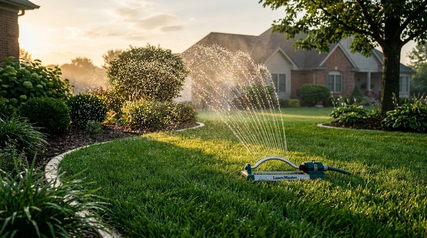 Lawn sprinkler watering a healthy green tall fescue lawn in early morning light with low golden sun and long shadows in a Southern Indiana yard