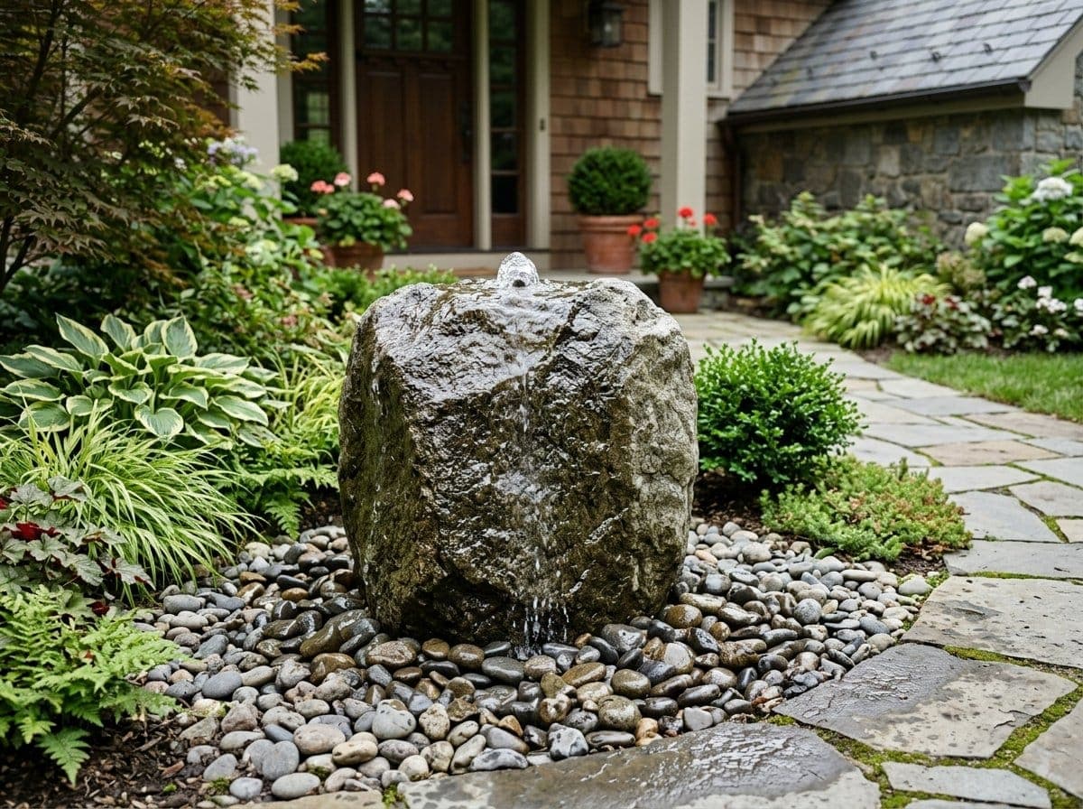 Bubbling rock water feature made from a single drilled boulder set in river stone beside a flagstone entry walkway with hostas and ornamental grasses