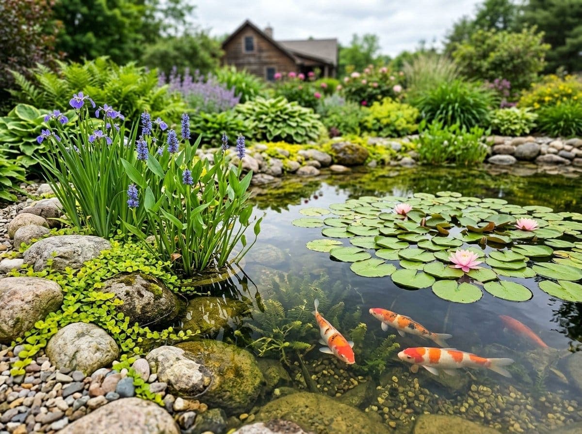 Ecosystem pond with hardy water lilies, pickerel rush, and blue flag iris along a natural stone edge with koi visible in clear water