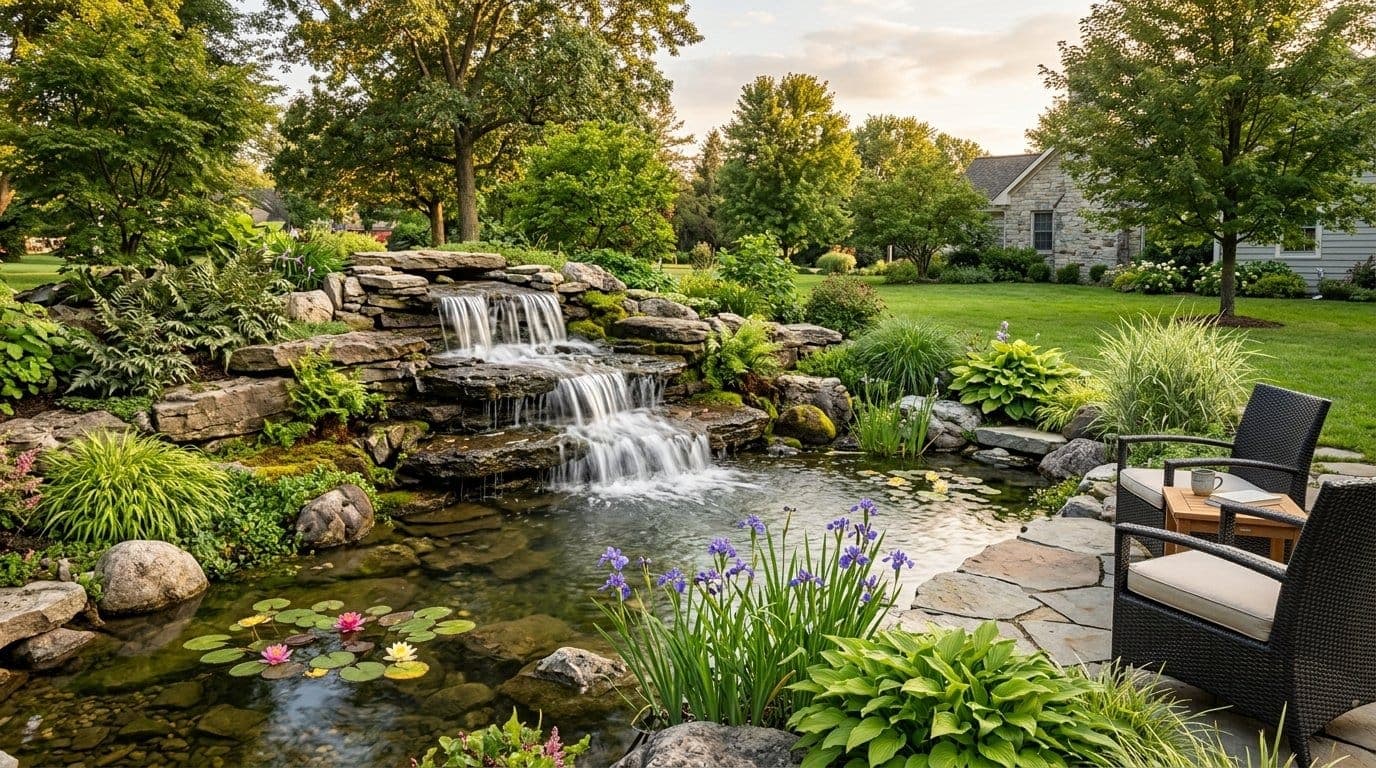 Natural stone waterfall cascading into a landscaped pond edged with ornamental grasses and perennials in a residential yard at golden hour
