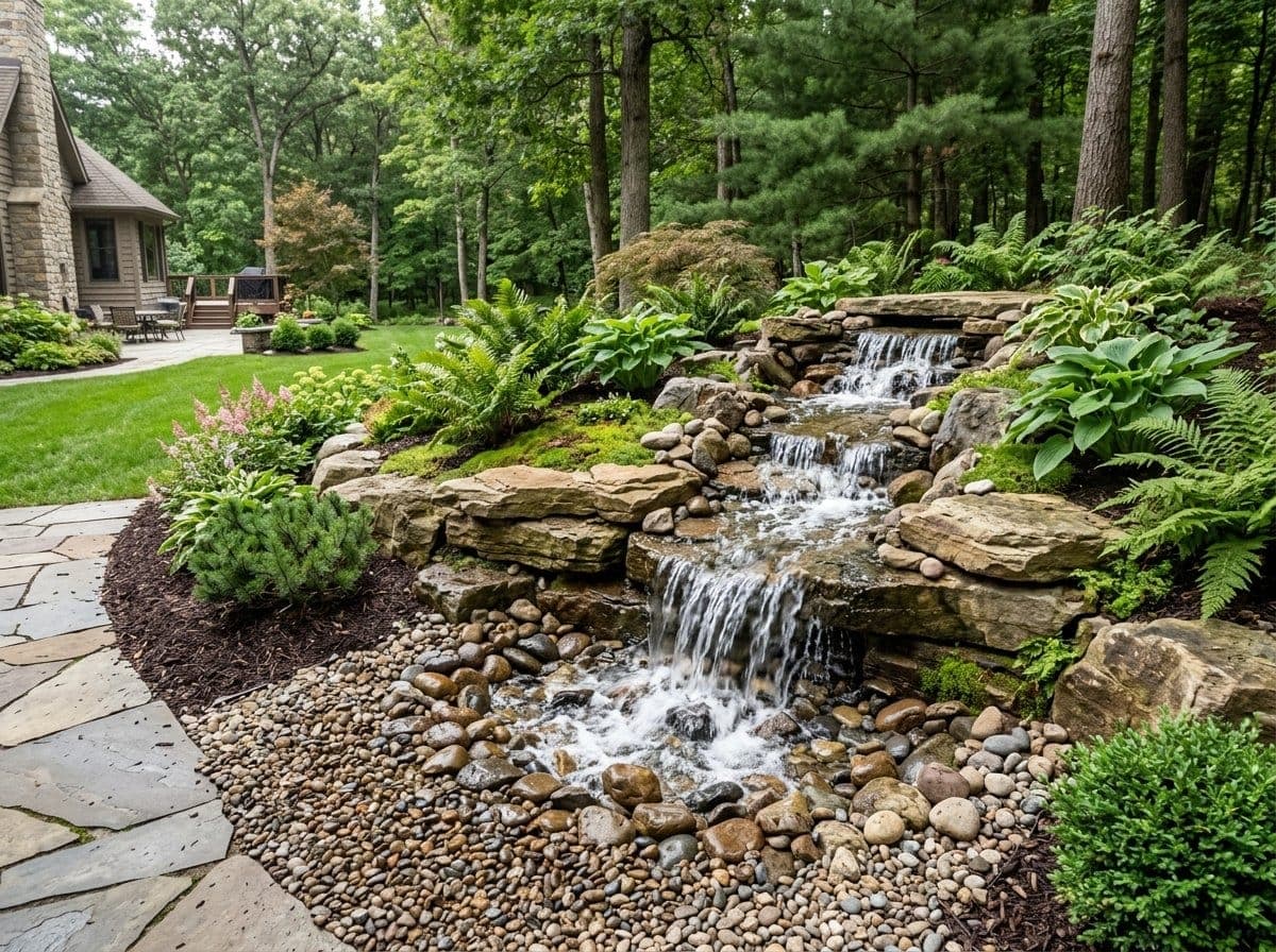 Pondless waterfall with layered natural stone cascading into a gravel bed with no standing water, surrounded by ferns and hostas