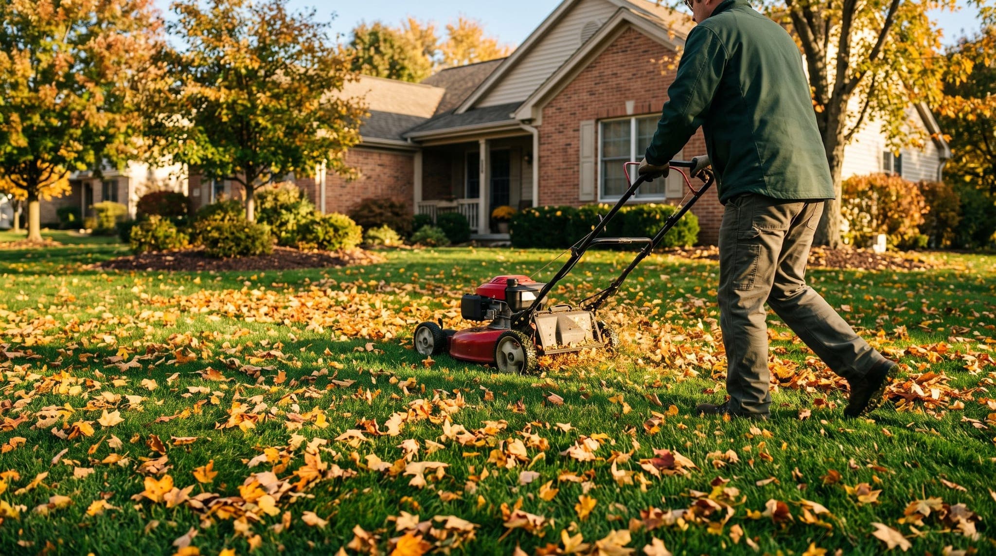 Homeowner mowing over a thin layer of fallen maple leaves on a green lawn on a bright autumn afternoon
