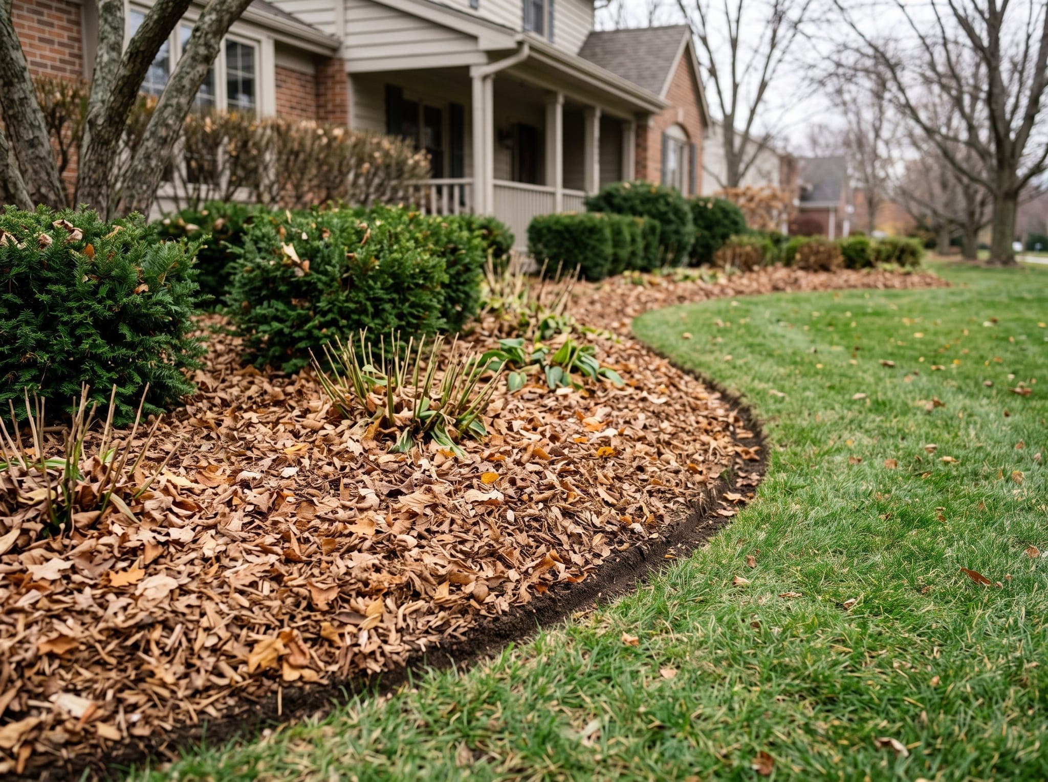 Shredded leaves spread as mulch around shrubs and perennials in a landscape bed beside a lawn in late fall