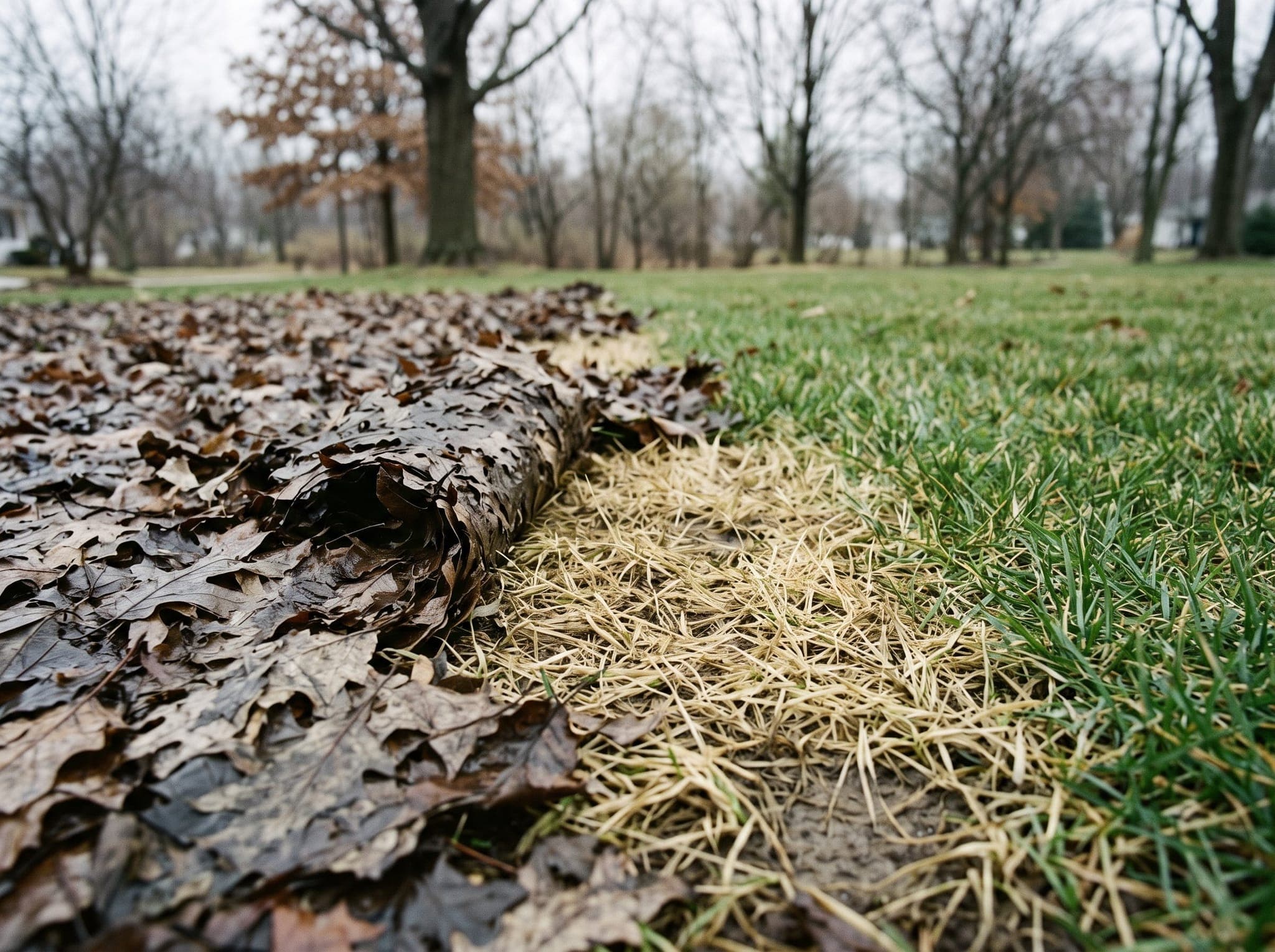 Wet matted leaf layer pulled back to reveal pale dead turf beside healthy green grass in late winter