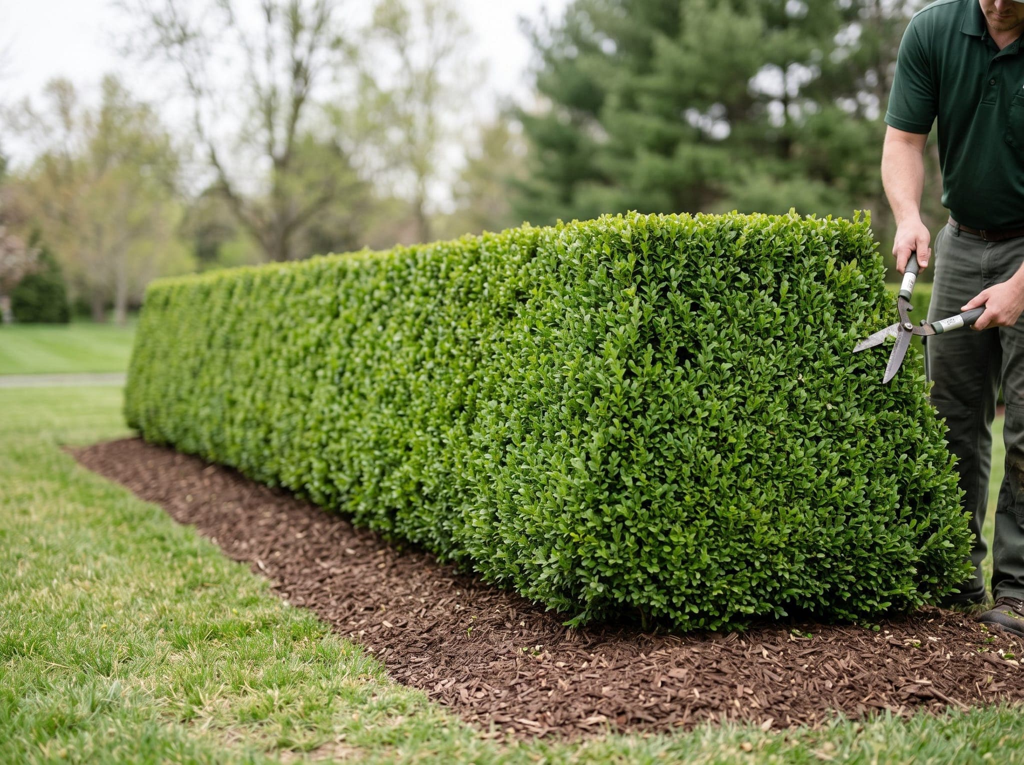 Landscaper hand shearing a long formal boxwood hedge that stays dense and green all the way down to the mulch line