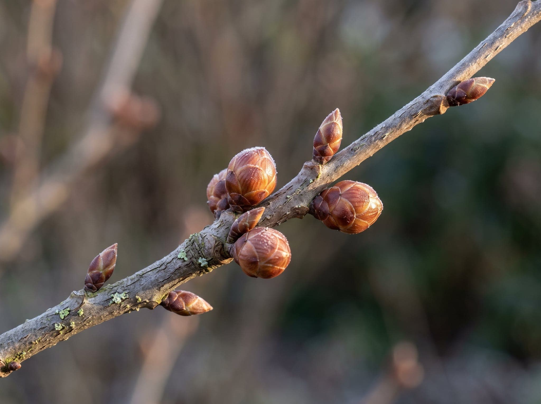 Close-up of a bare winter shrub stem showing plump round flower buds alongside smaller pointed leaf buds, dusted with frost