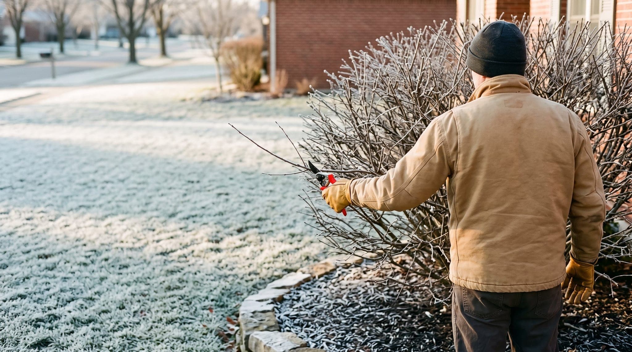 Landscaper trimming a slender branch on a bare dormant shrub with red-handled bypass pruners on a frosty morning