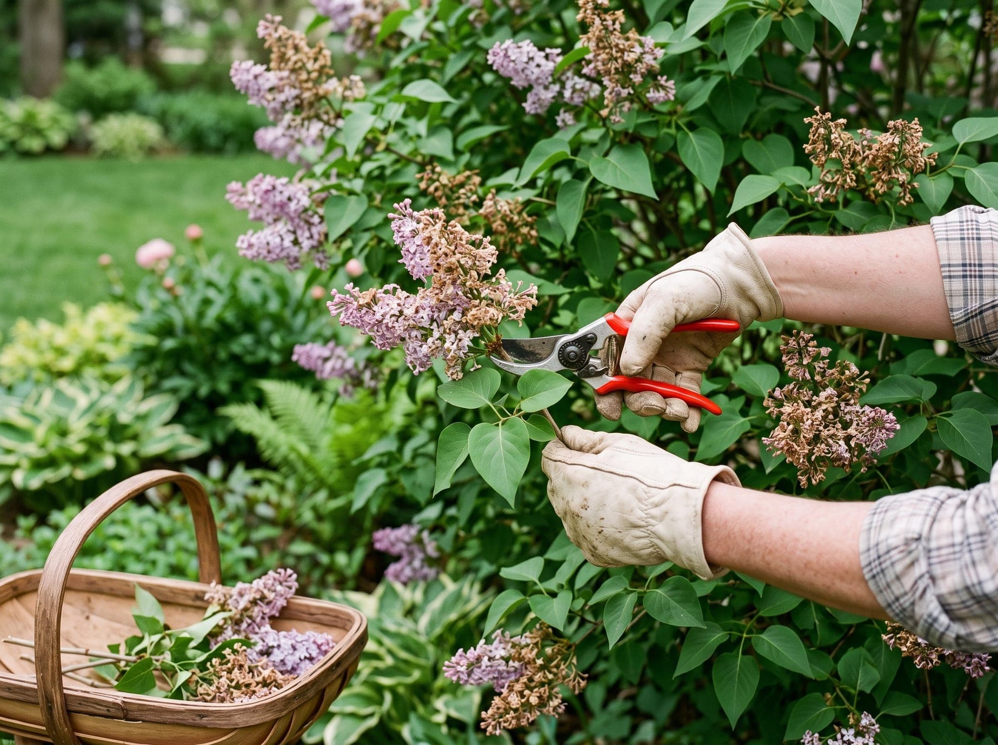 Hands pruning a lilac shrub with bypass pruners just after the purple flower clusters have faded in late spring