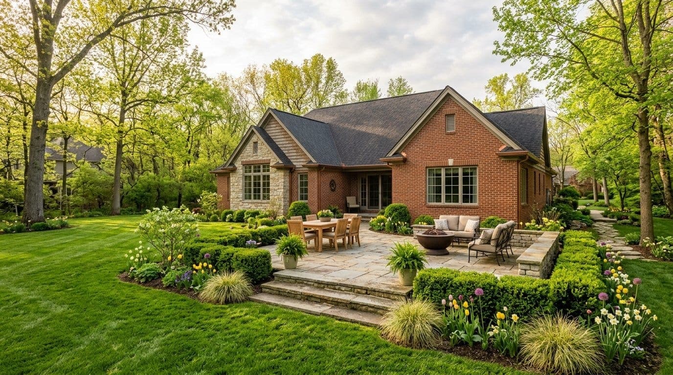 Brick home with natural stone patio surrounded by fresh spring plantings and mature trees in a Midwest landscape