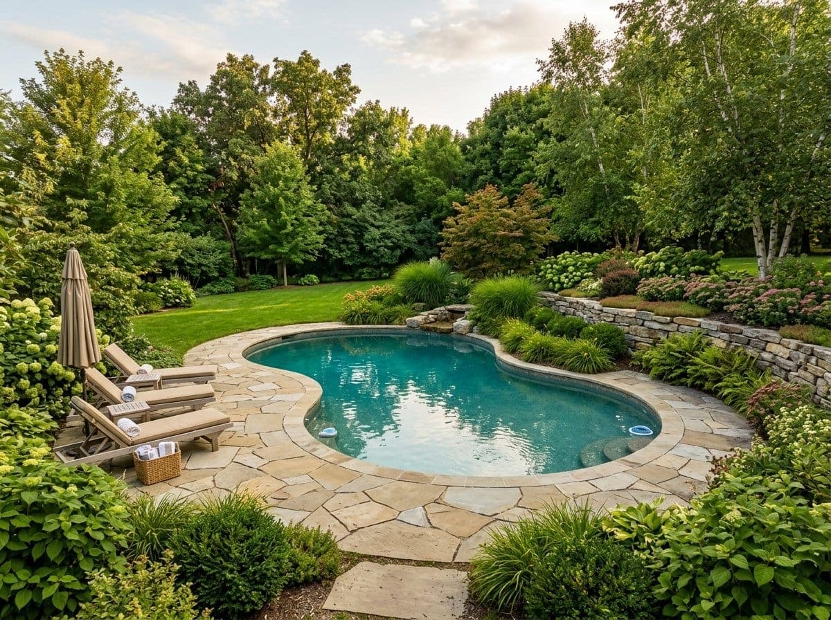 Freeform fiberglass pool with natural stone deck surrounded by layered shrub plantings and mature trees