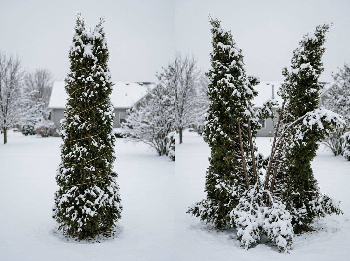 Two arborvitae after heavy snow, one tied with jute twine holding its narrow shape and one untied splayed open at the center