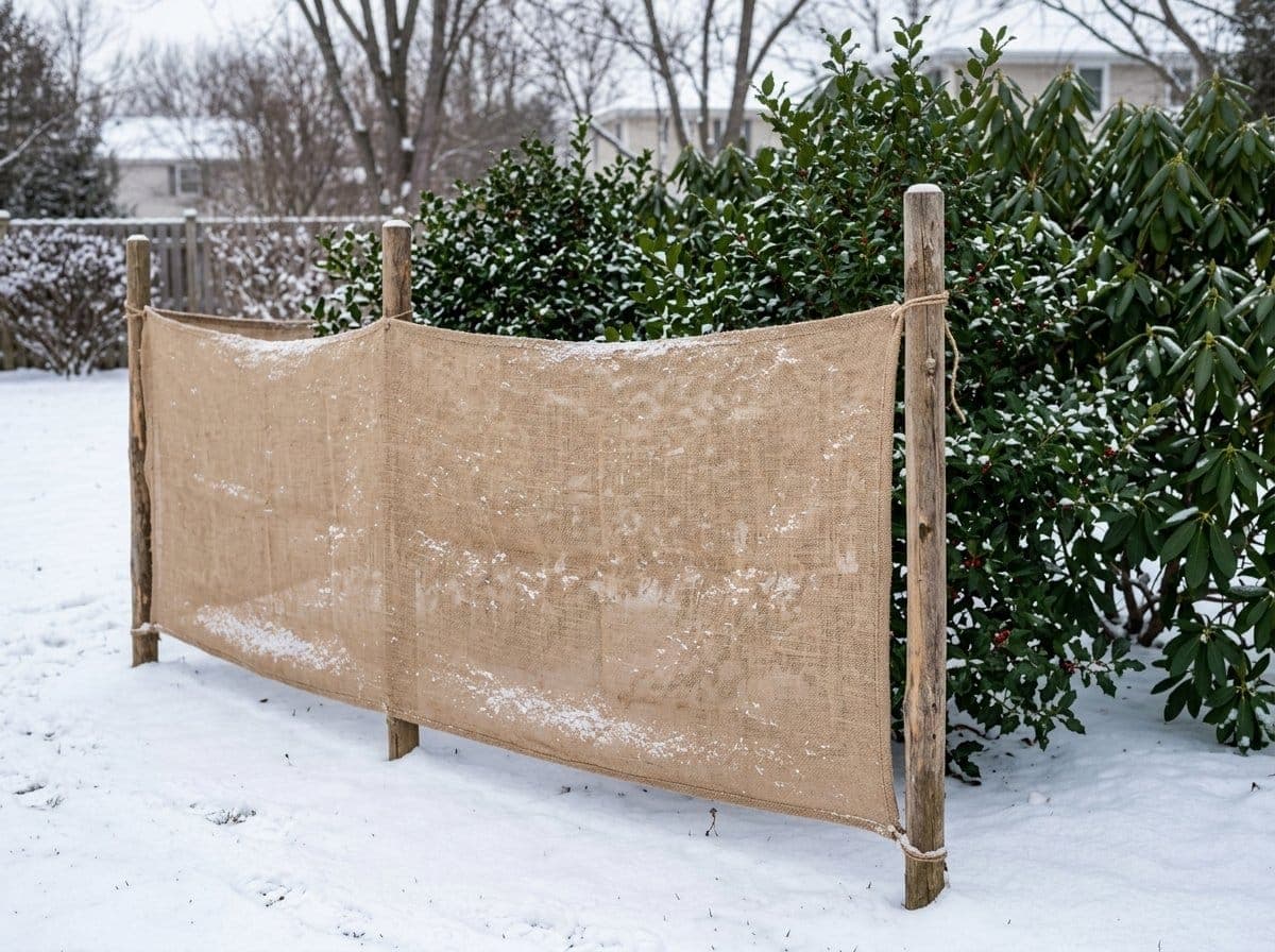 Burlap windscreen on wooden stakes shielding green holly and rhododendron in snow