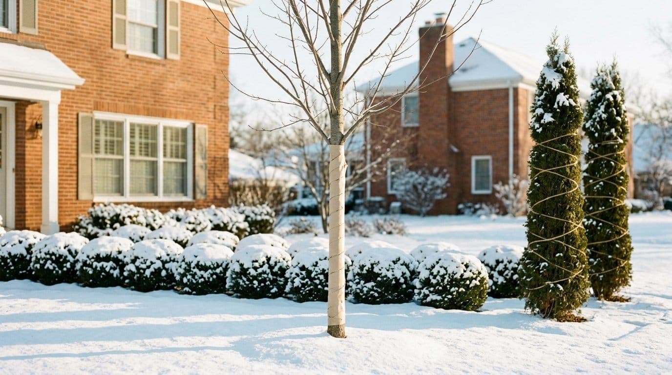 Snow covered evergreen shrubs and a young wrapped tree in a residential front yard on a clear winter morning