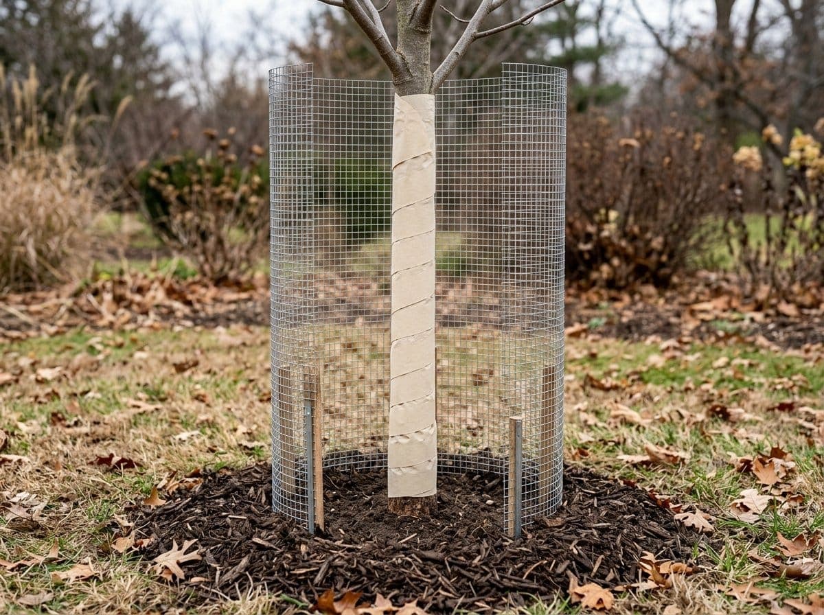 Young tree trunk wrapped with light colored tree wrap and surrounded by a cylinder of hardware cloth staked into the ground