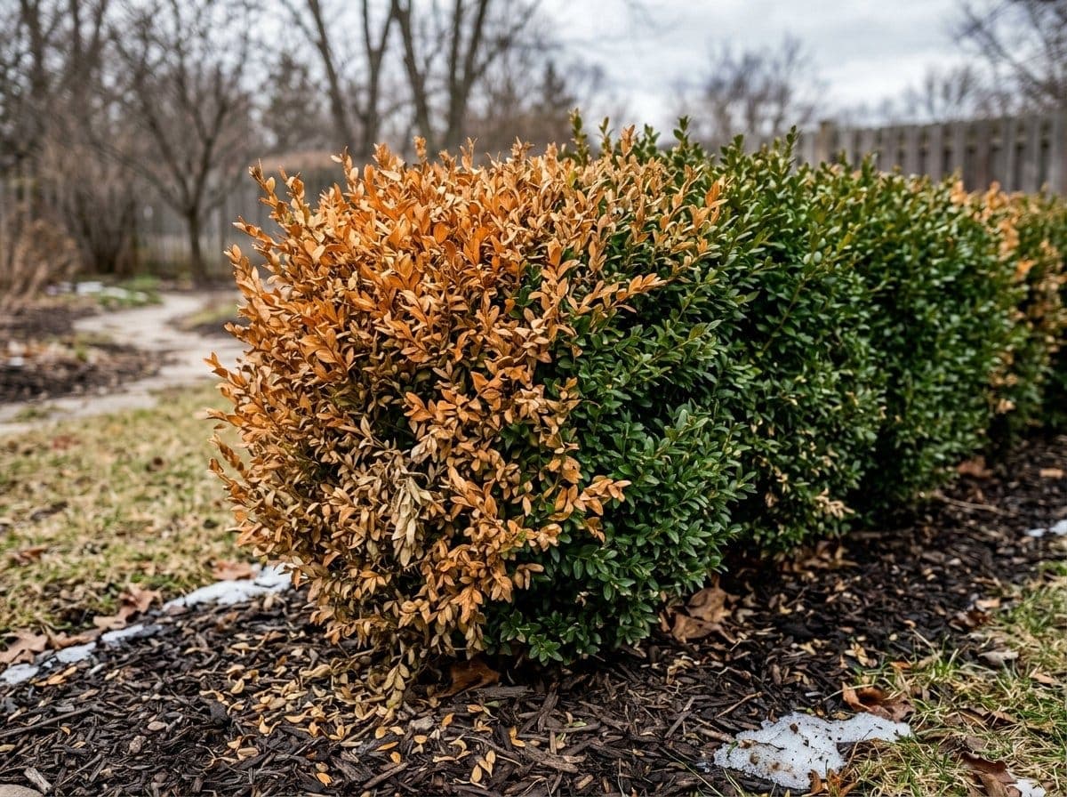 Boxwood hedge with orange winter burn on the wind exposed side and healthy green growth on the sheltered side