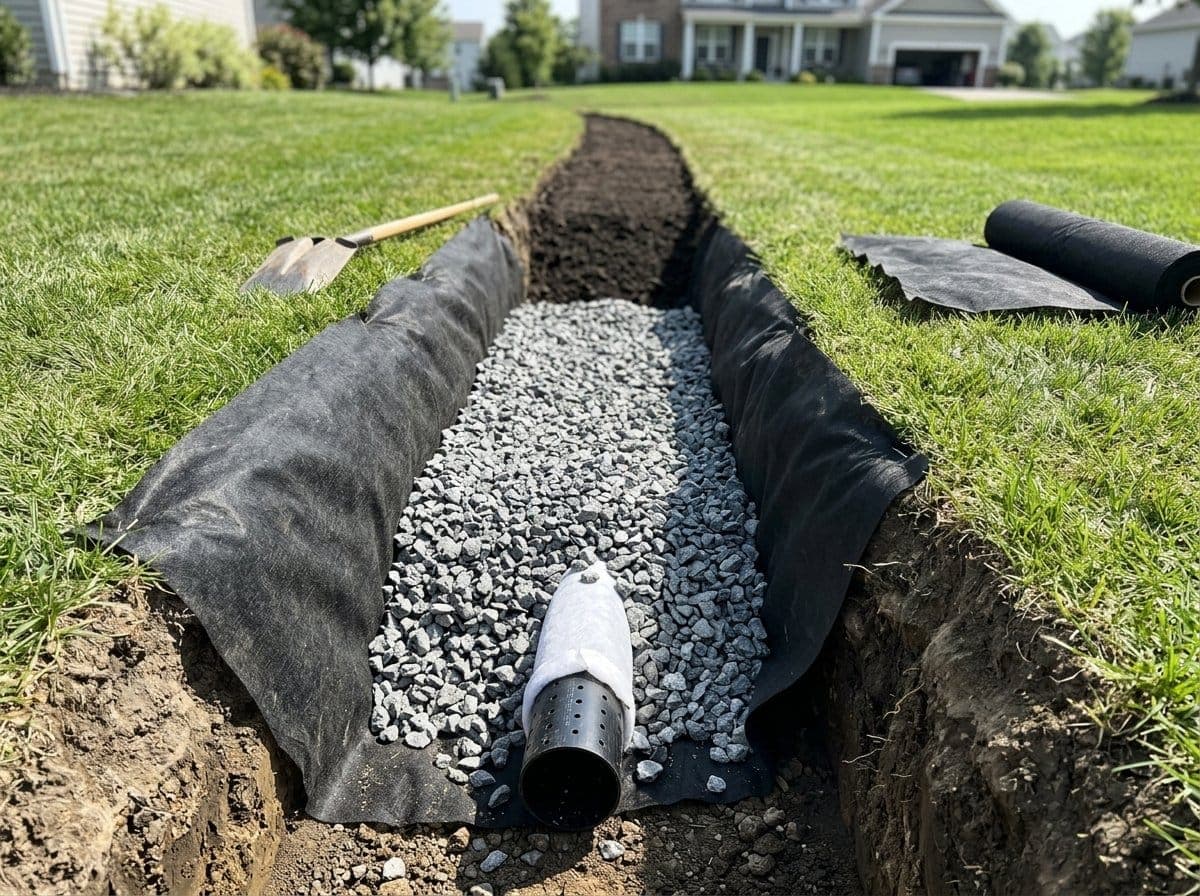 French drain trench during installation showing washed gravel filter fabric and perforated drain pipe in a residential yard