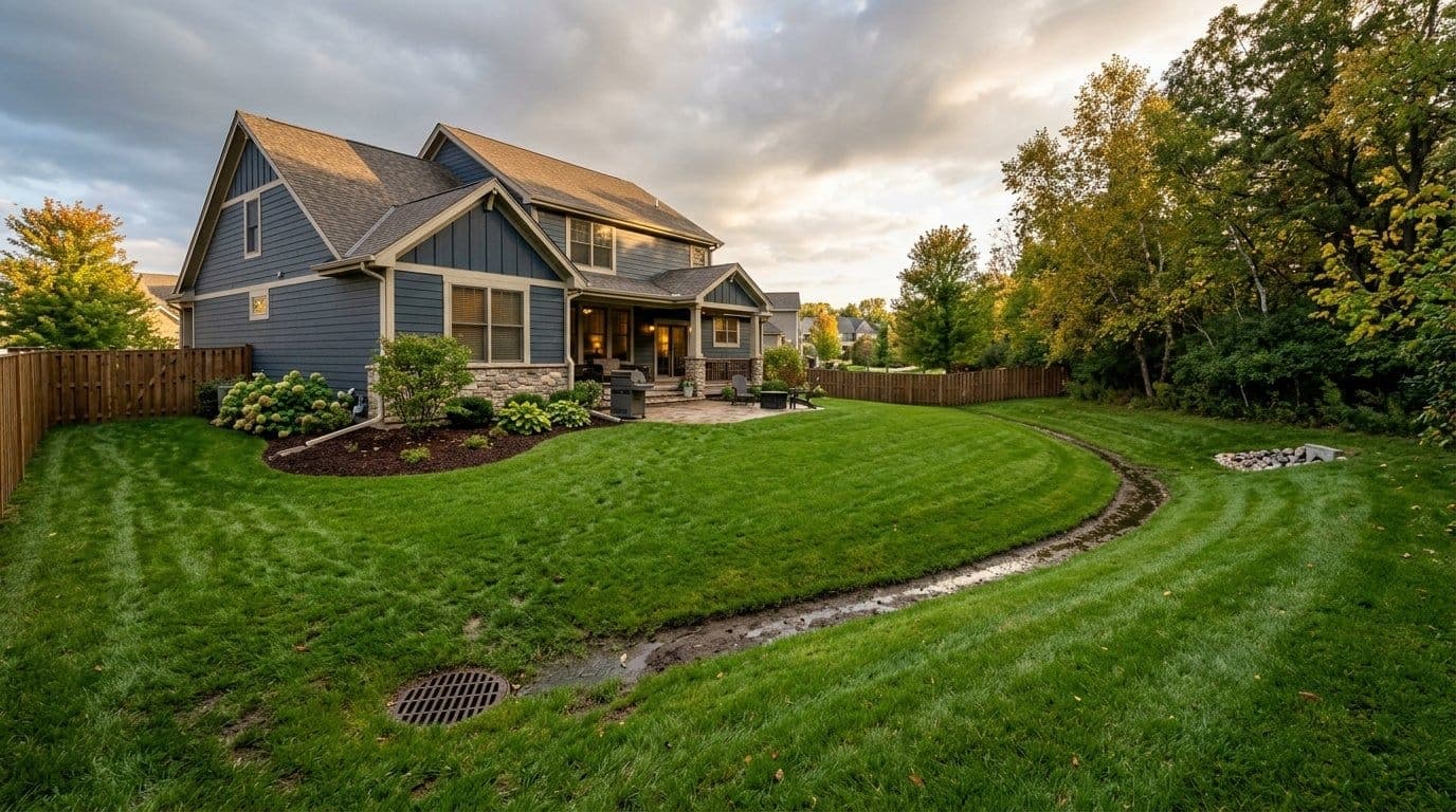 Graded residential yard with a swale and french drain moving water away from the foundation after heavy rain