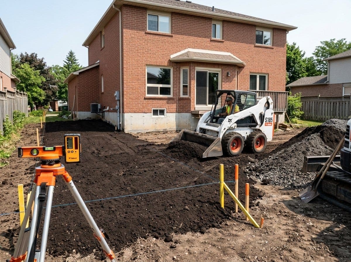 Skid-steer loader regrading a residential yard pulling soil away from the foundation to establish positive drainage slope