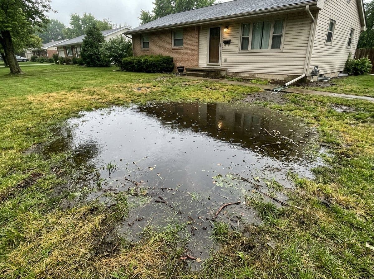Residential lawn with a large area of standing water and soggy turf the day after heavy rain showing a clear drainage problem