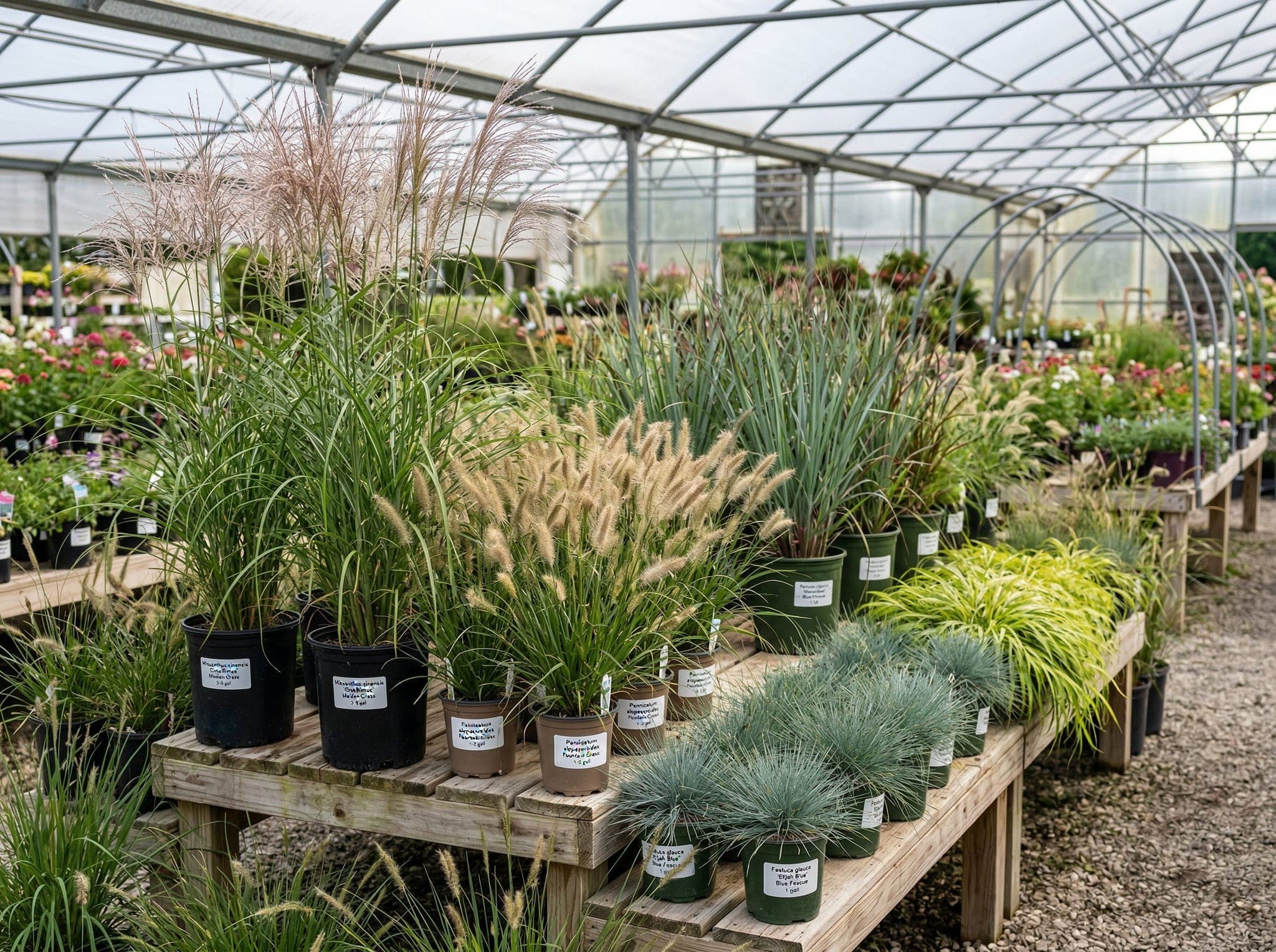 Ornamental grasses and perennials displayed in the Colonial Classics greenhouse