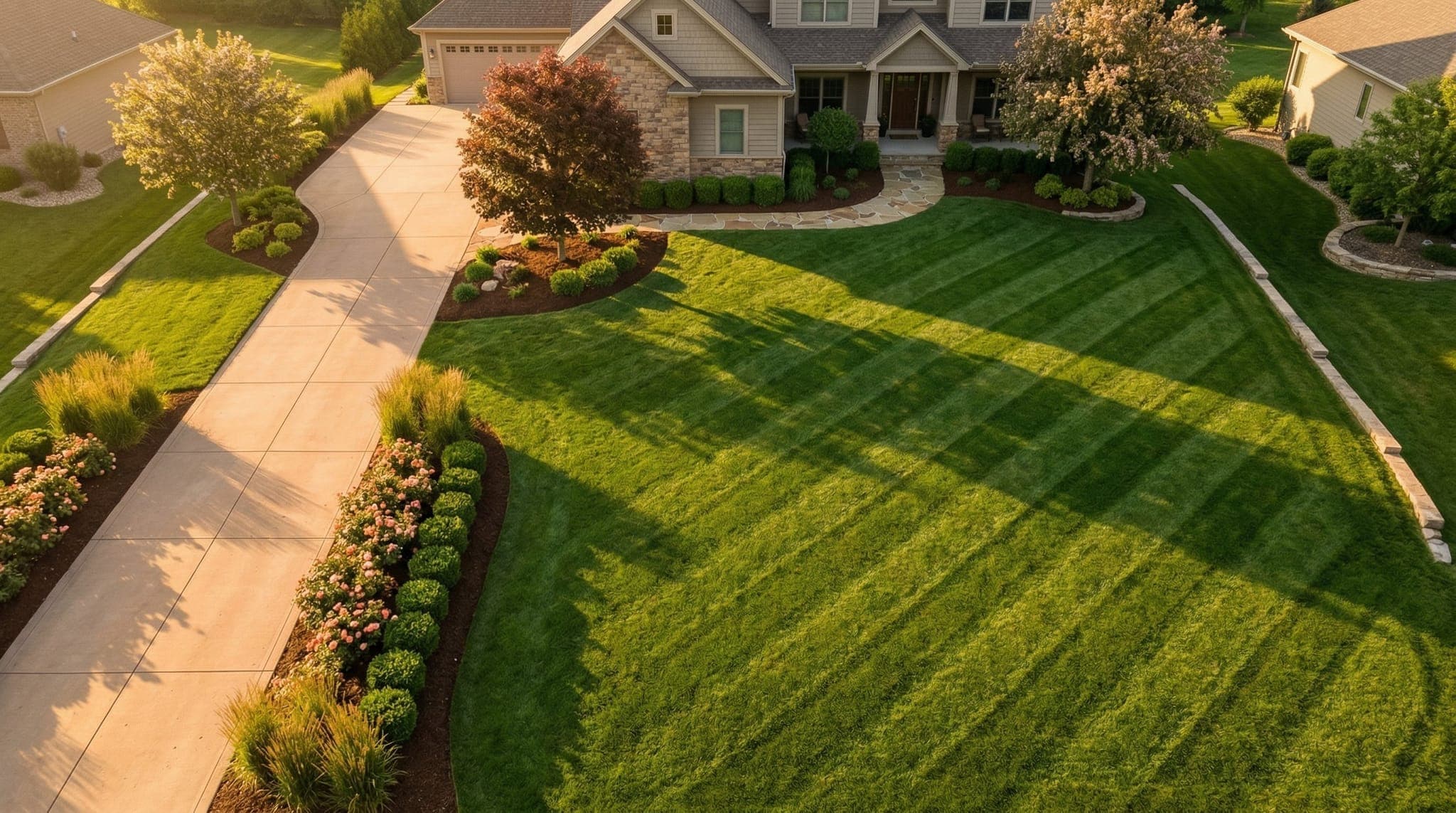 Aerial view of a completed landscape transformation