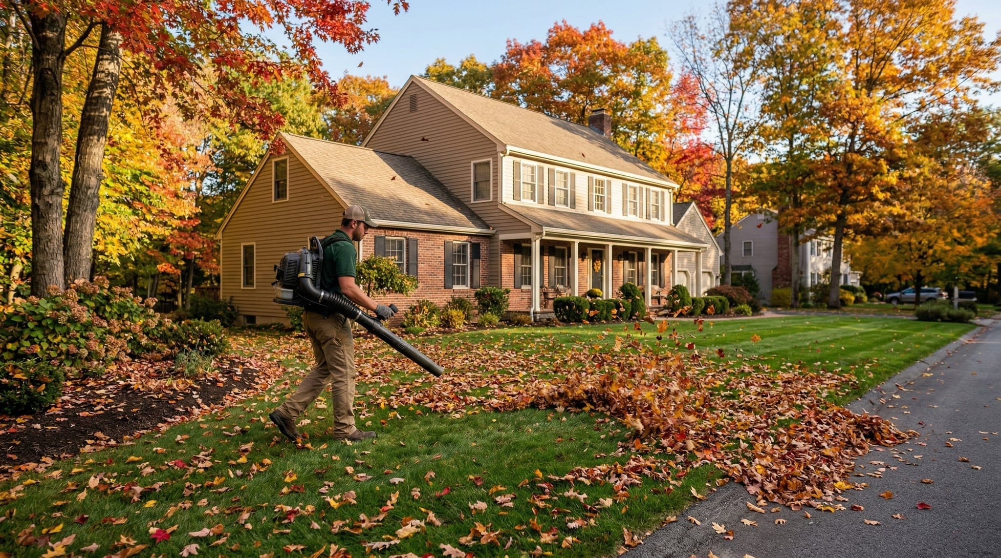 Crew member using a backpack blower during fall leaf cleanup