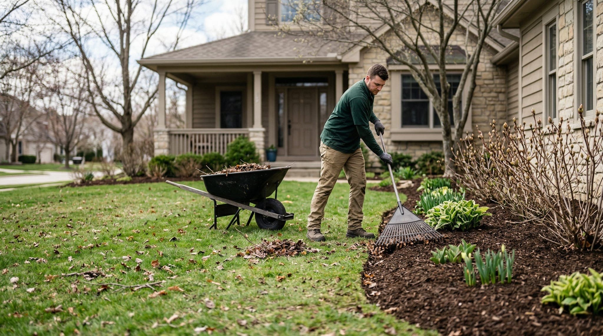 Crew member raking winter debris from a landscape bed in early spring