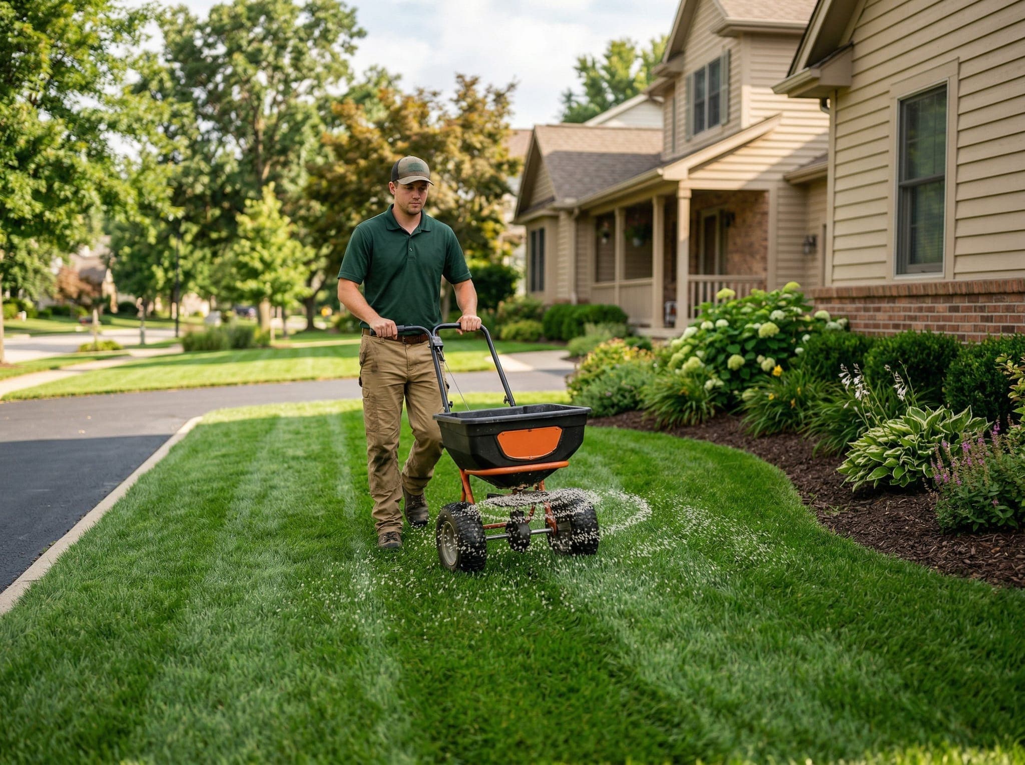 Lawn care technician applying granular fertilizer with a broadcast spreader