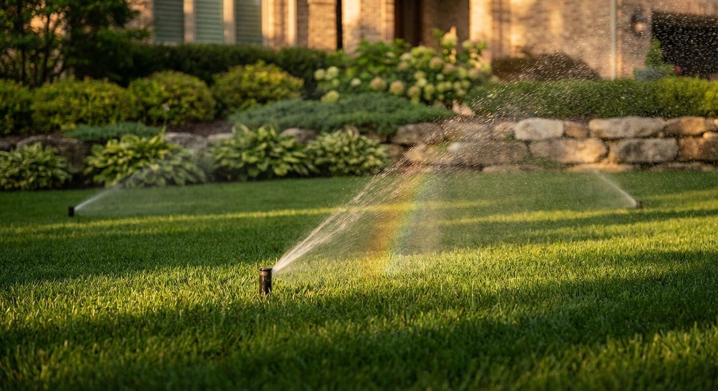 In-ground irrigation sprinkler system watering a lush green lawn