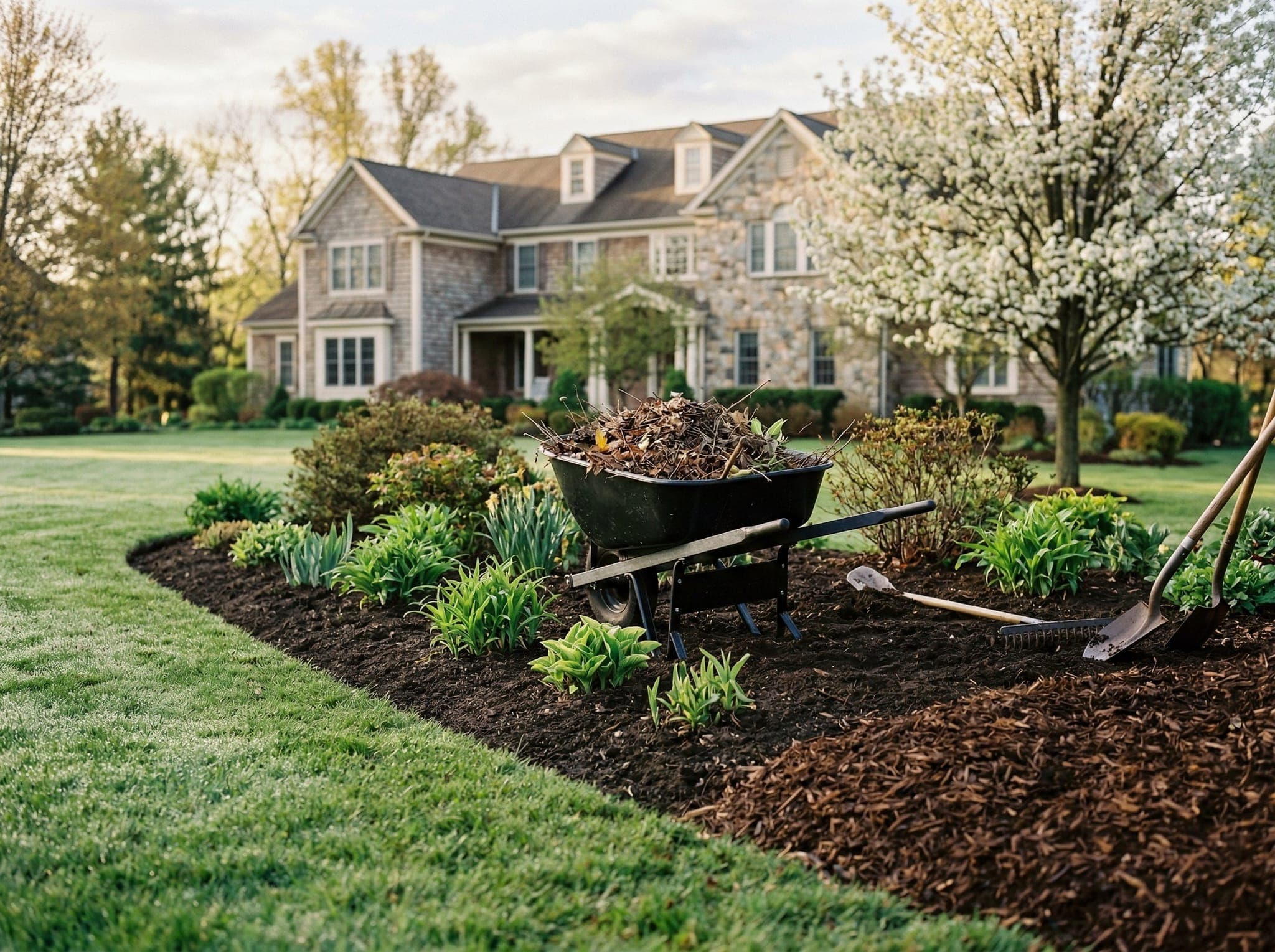 Seasonal yard cleanup with raked beds