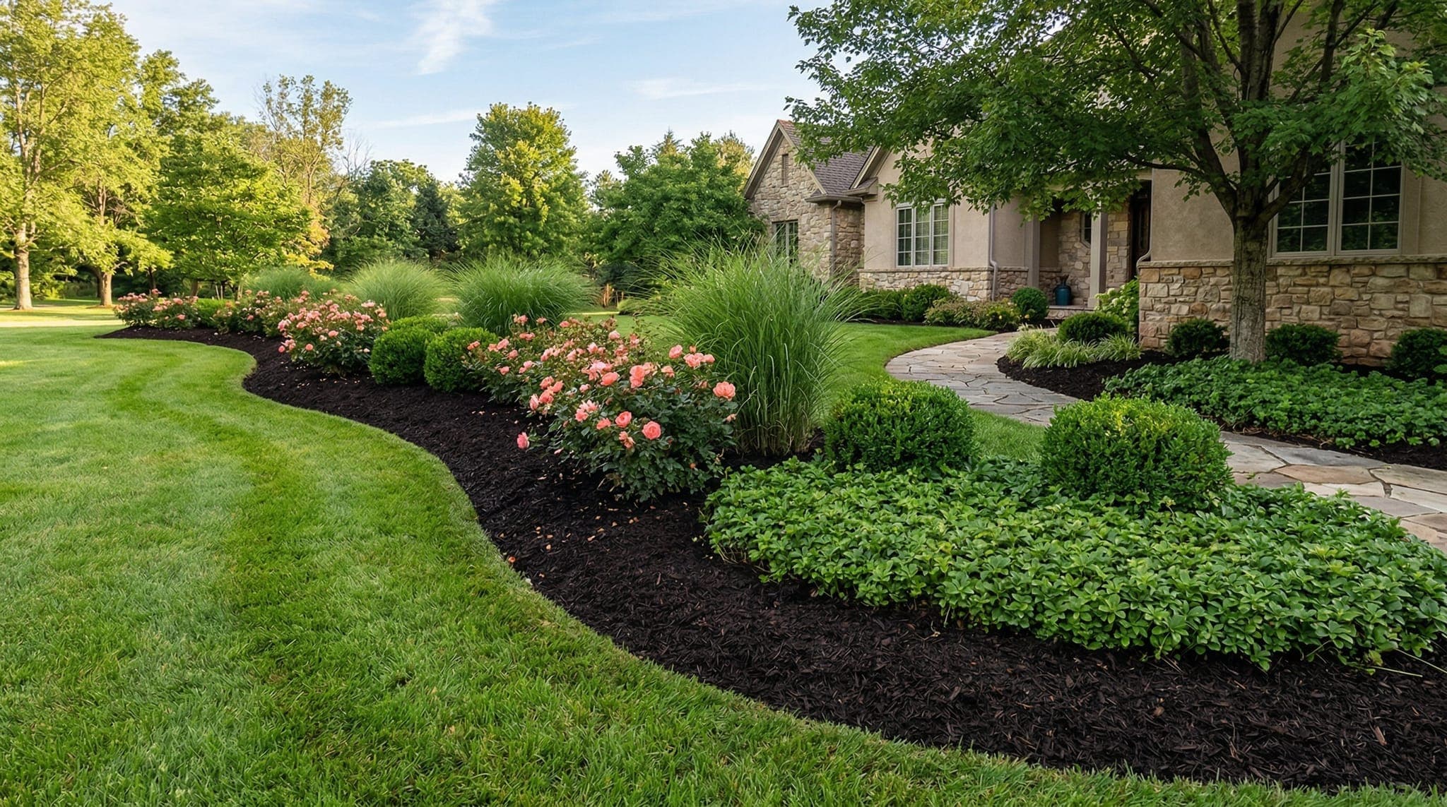 Mulched landscape beds with clean edges