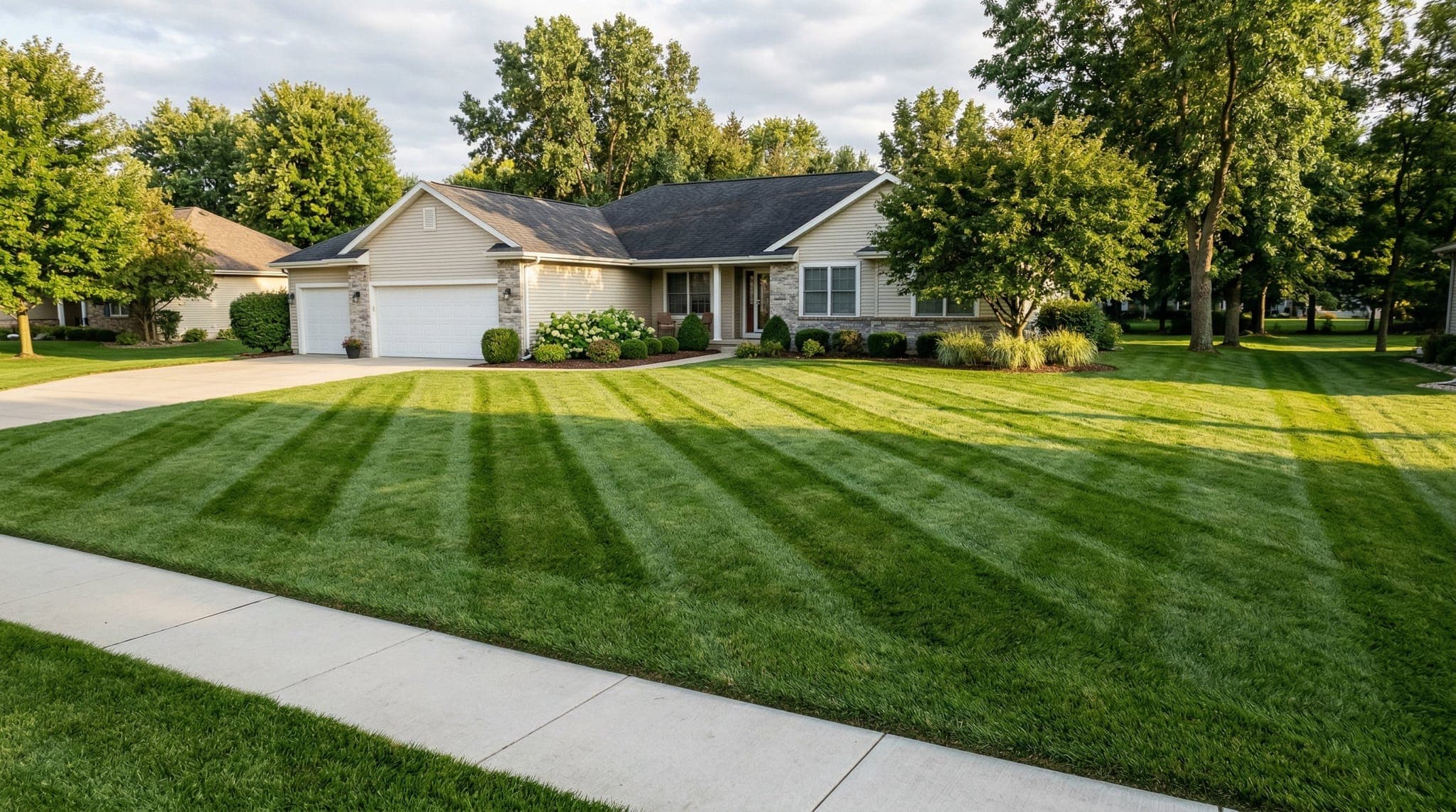 Freshly mowed residential lawn with perfect diagonal striping pattern