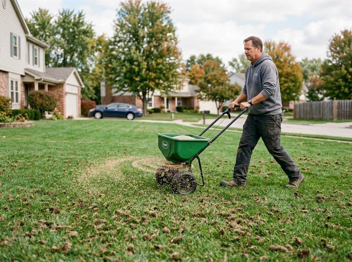 Broadcast spreader applying cool-season grass seed across a freshly aerated lawn