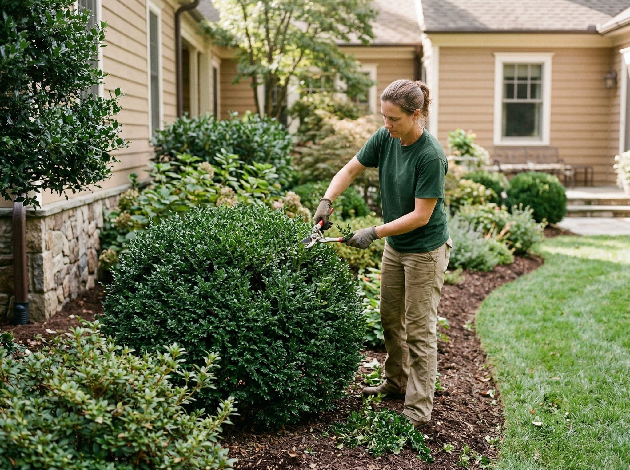 Crew member carefully pruning a boxwood shrub with bypass hand pruners