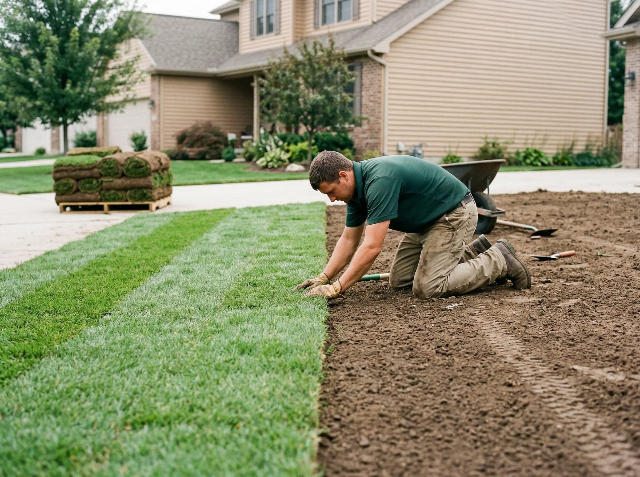 Two-person crew installing fresh sod rolls on a residential front yard